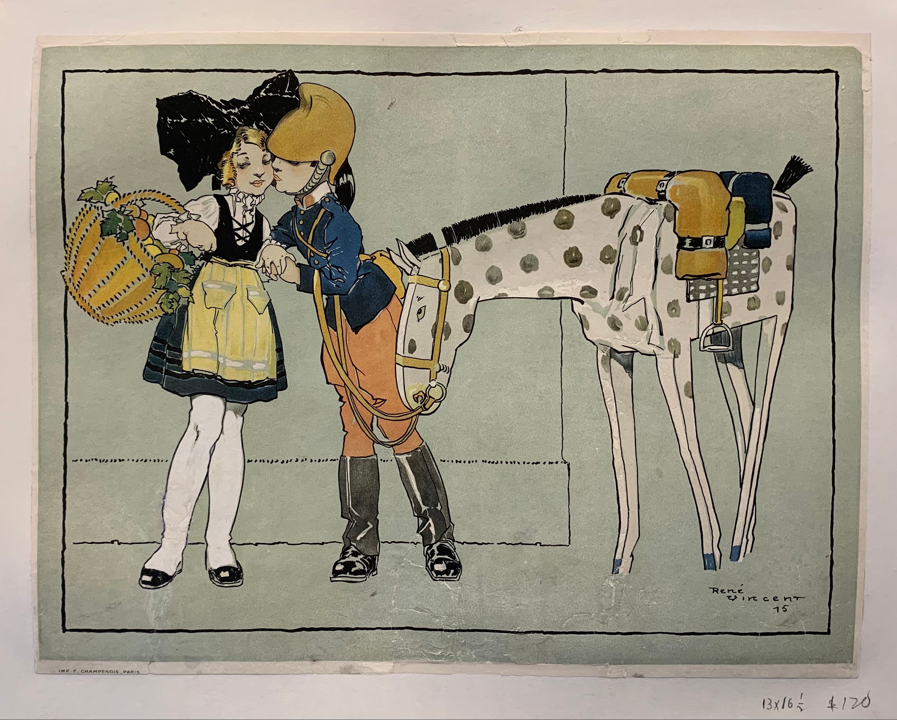 Poster showing a cartoon of a soldier with his horse kissing a lady