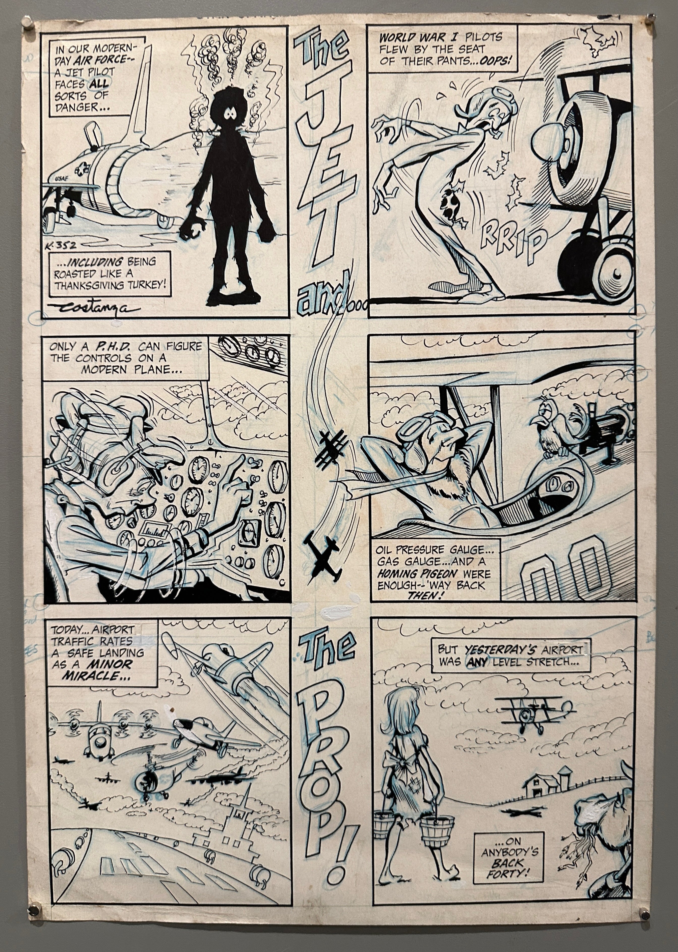 16x11 1940s black and white comic strip the jet and the prop by pete costanza featuring various aviation-related jokes