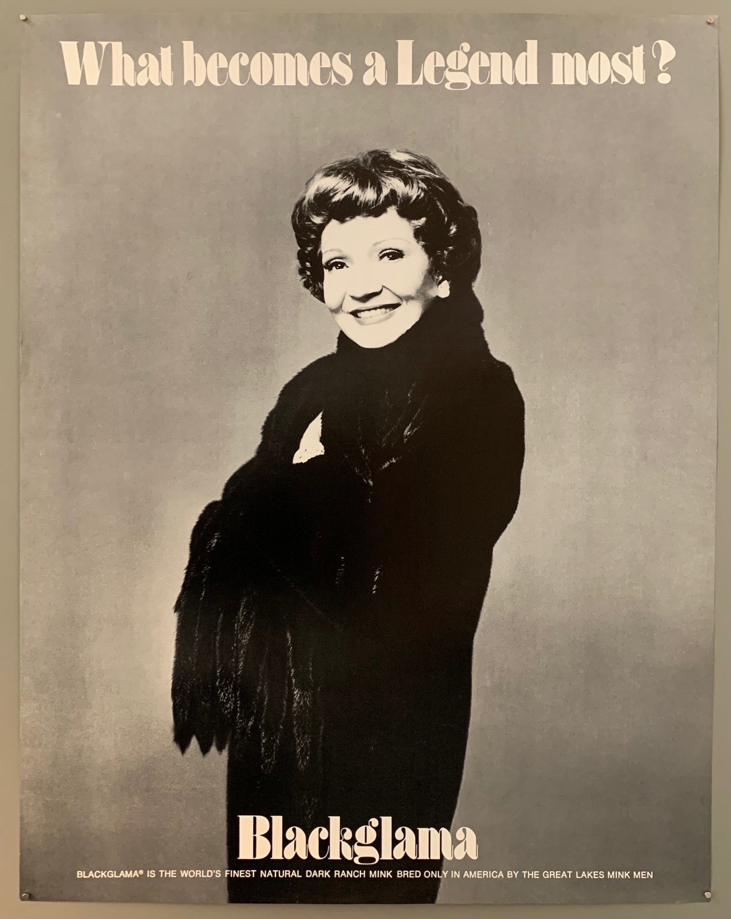 A smiling woman with short curly hair wraps herself in a fur coat. The text is on the top and the bottom in black.
