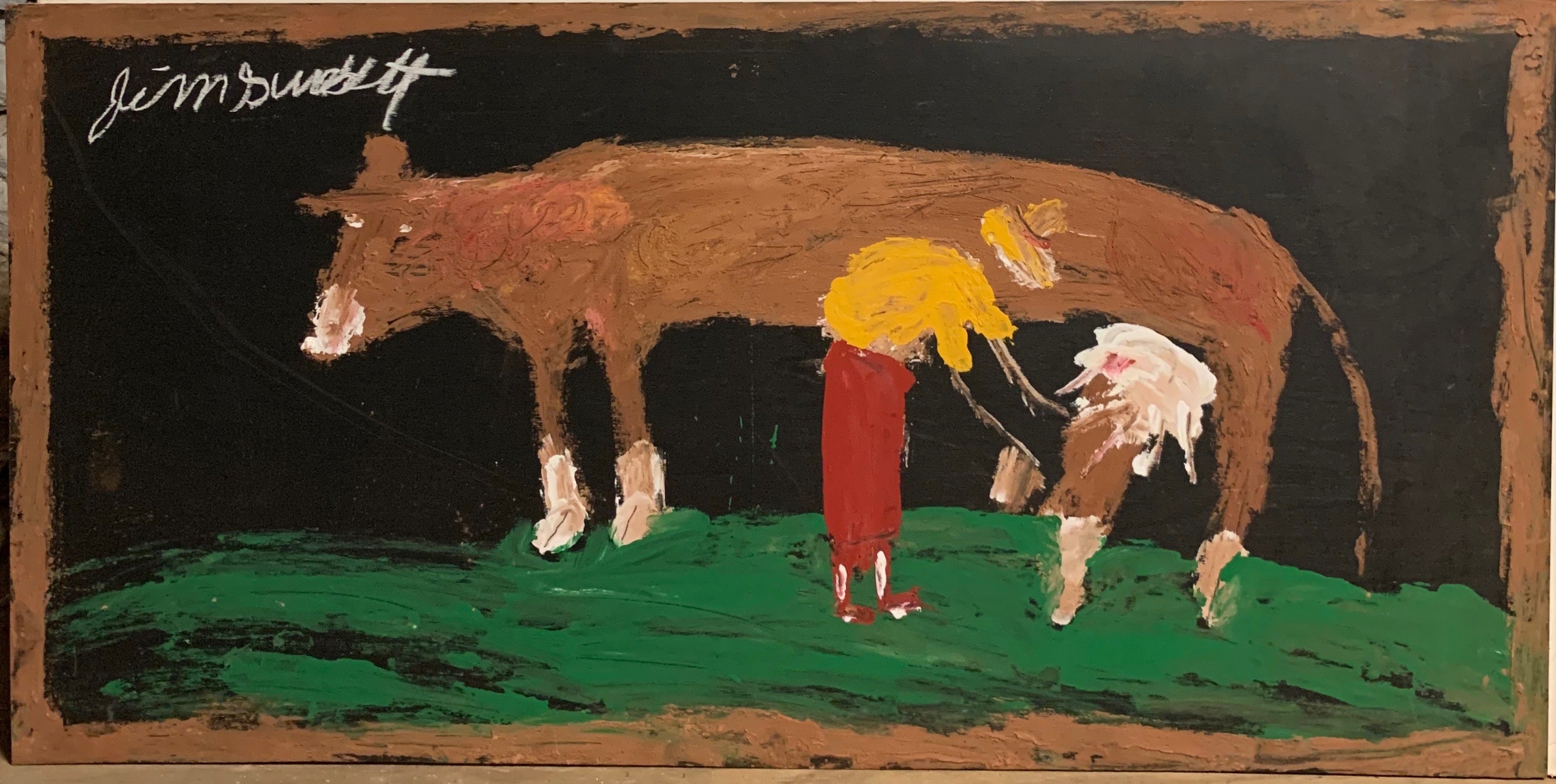 A painting of a woman milking a cow.