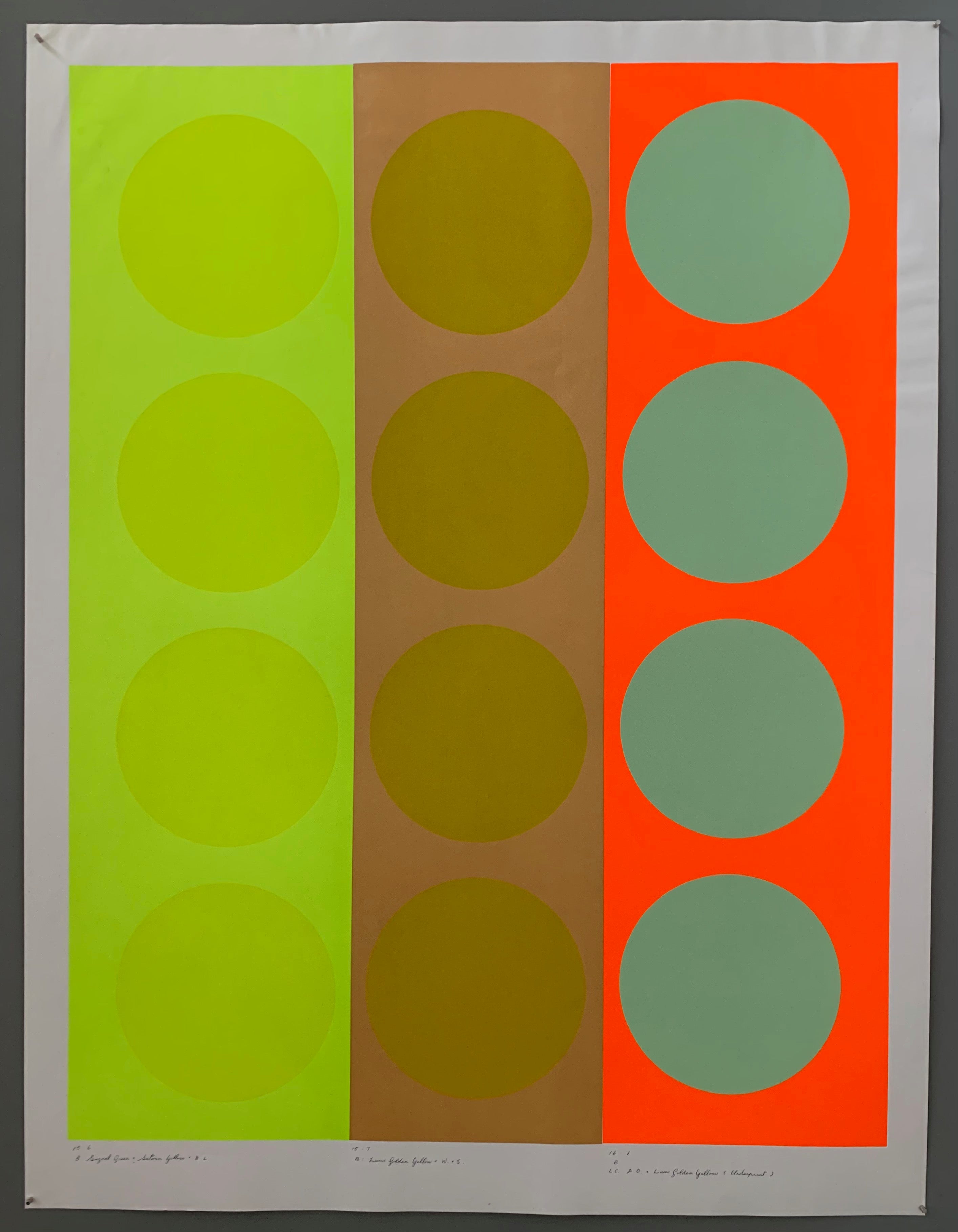 Three rows of circles on colored panels