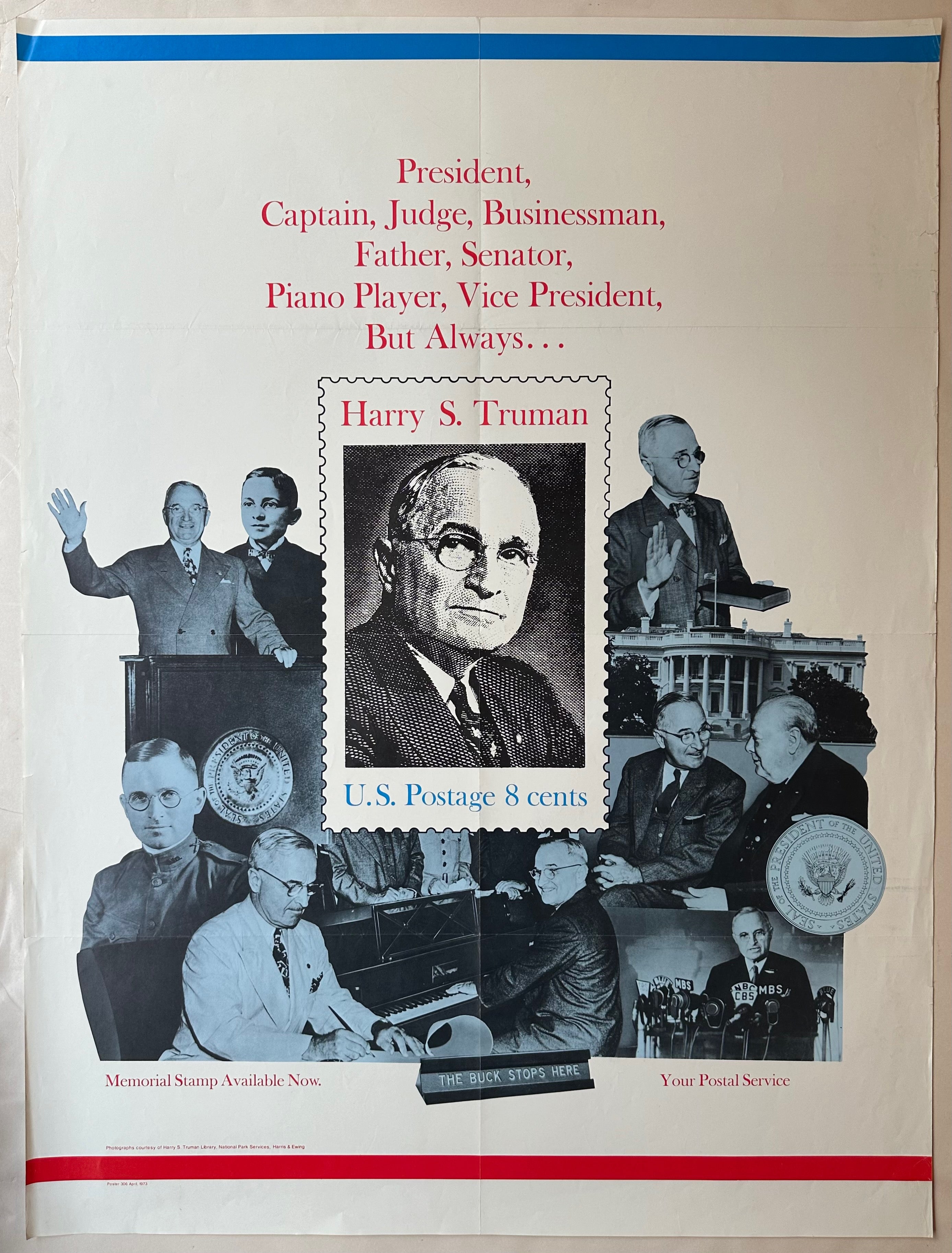 40x30 1973 usps poster announcing memorial stamp for president harry s truman after his death, featuring stamp and various photos of truman in black and white