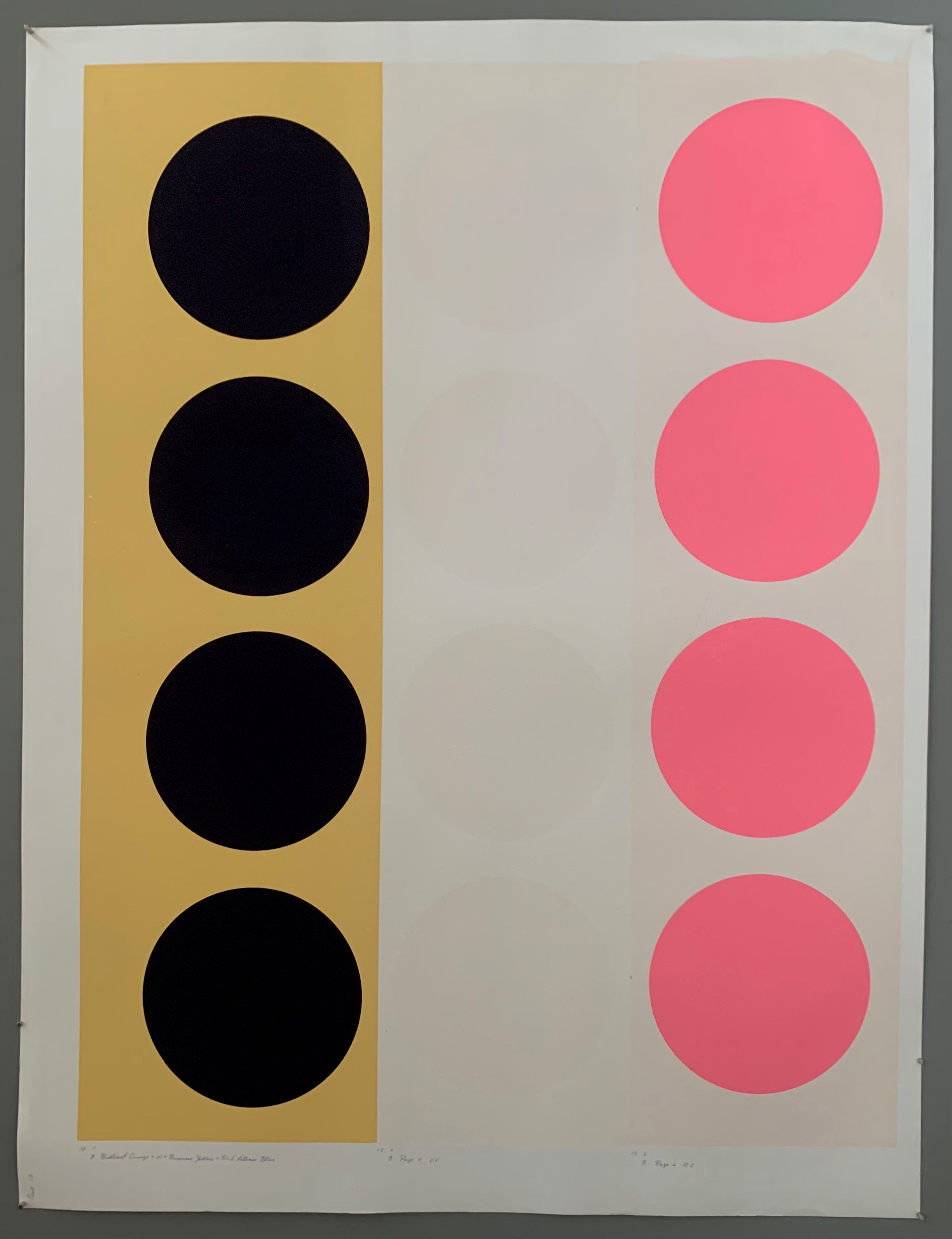 Three rows of circles on colored panels