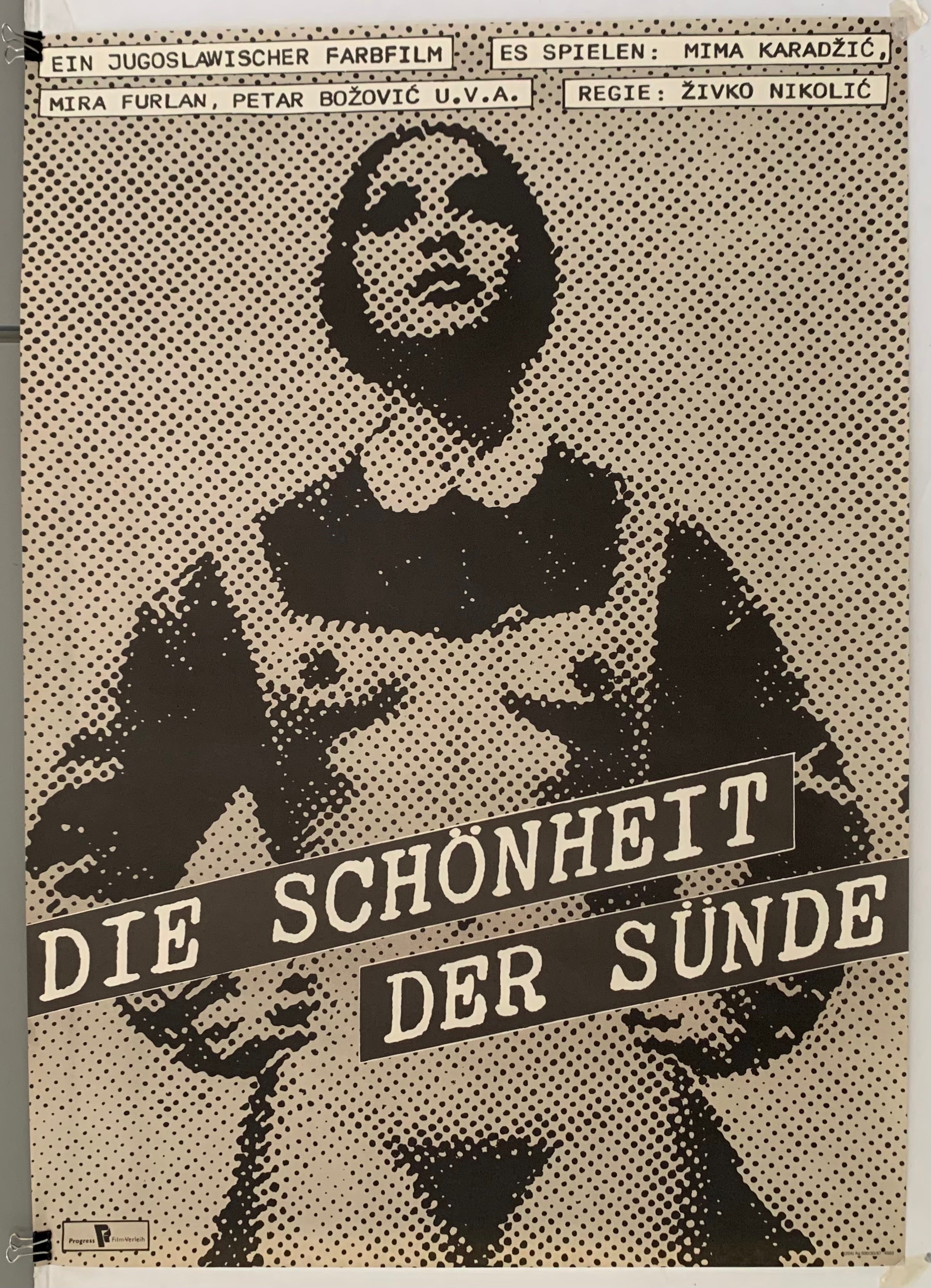 Black and white poster of a woman wearing an apron over her dress that is decorated with a design of a nude female body
