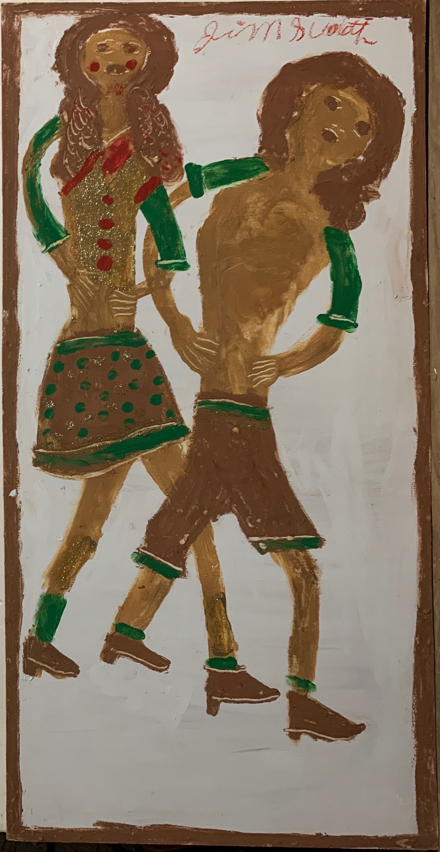 A painting of two girls walking, arm in arm.