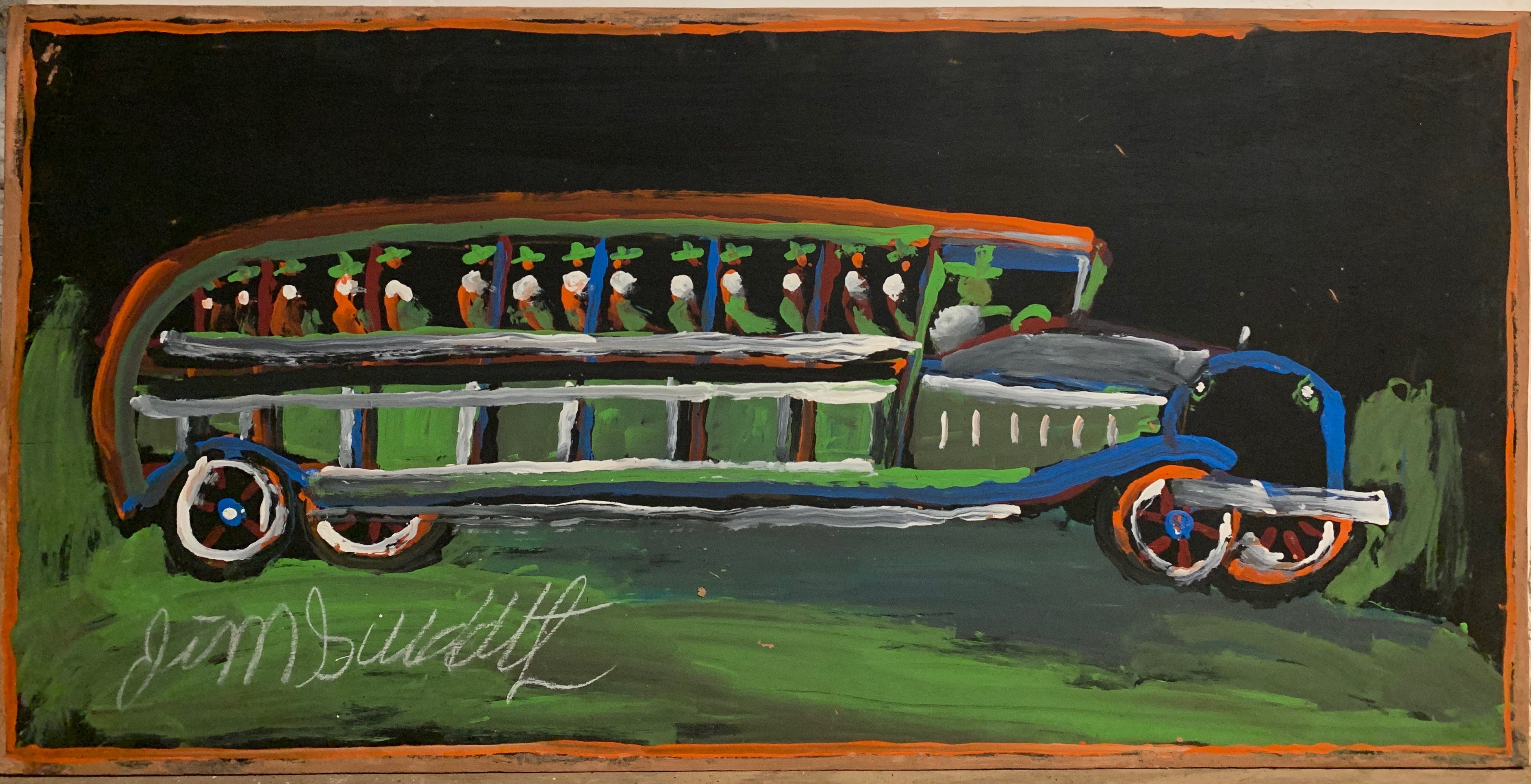 A painting of a green bus.