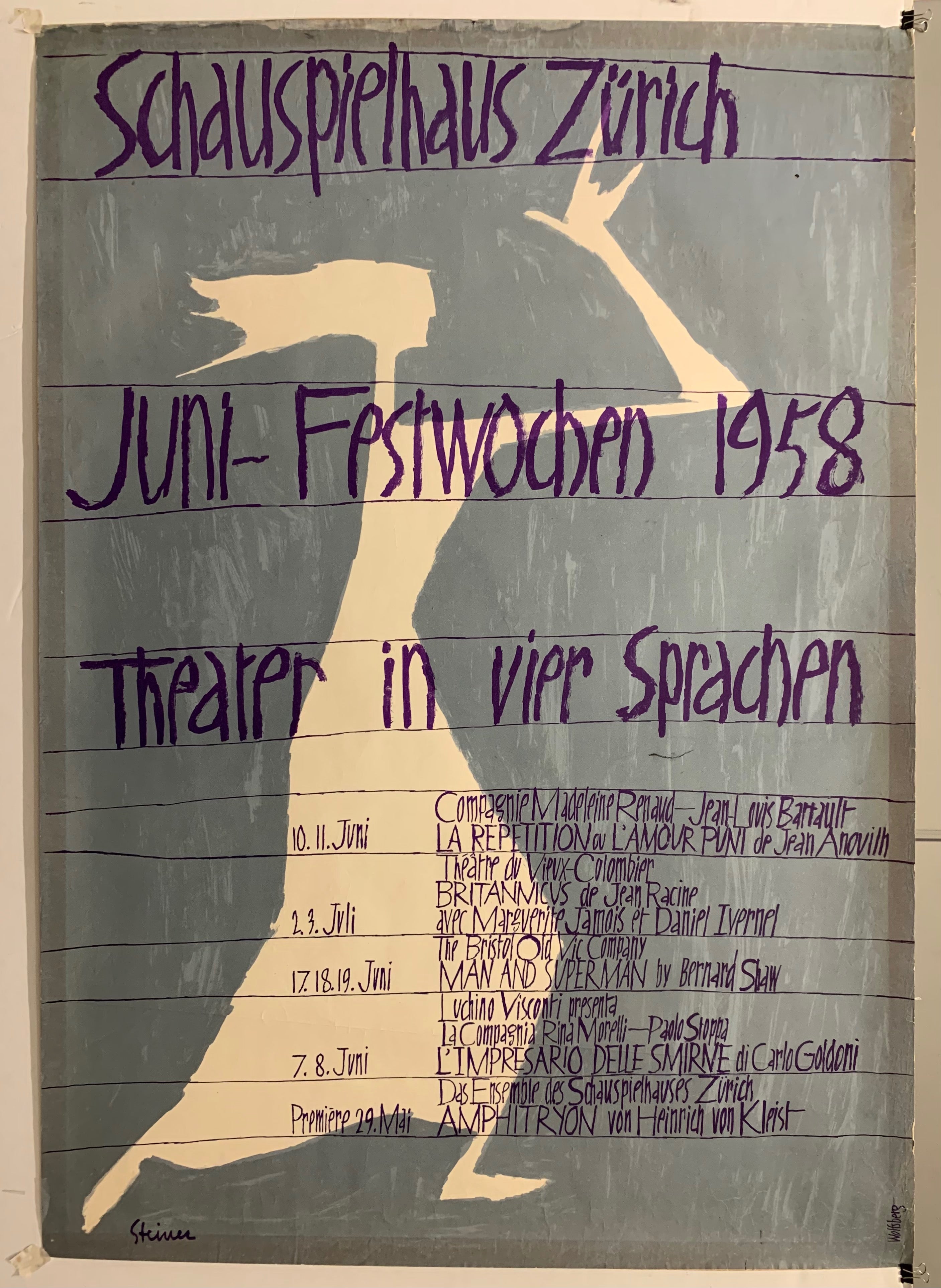 woman in an ankel high white dress dancing against  a grew background with text and dates of plays appering in 1958 in Zurich