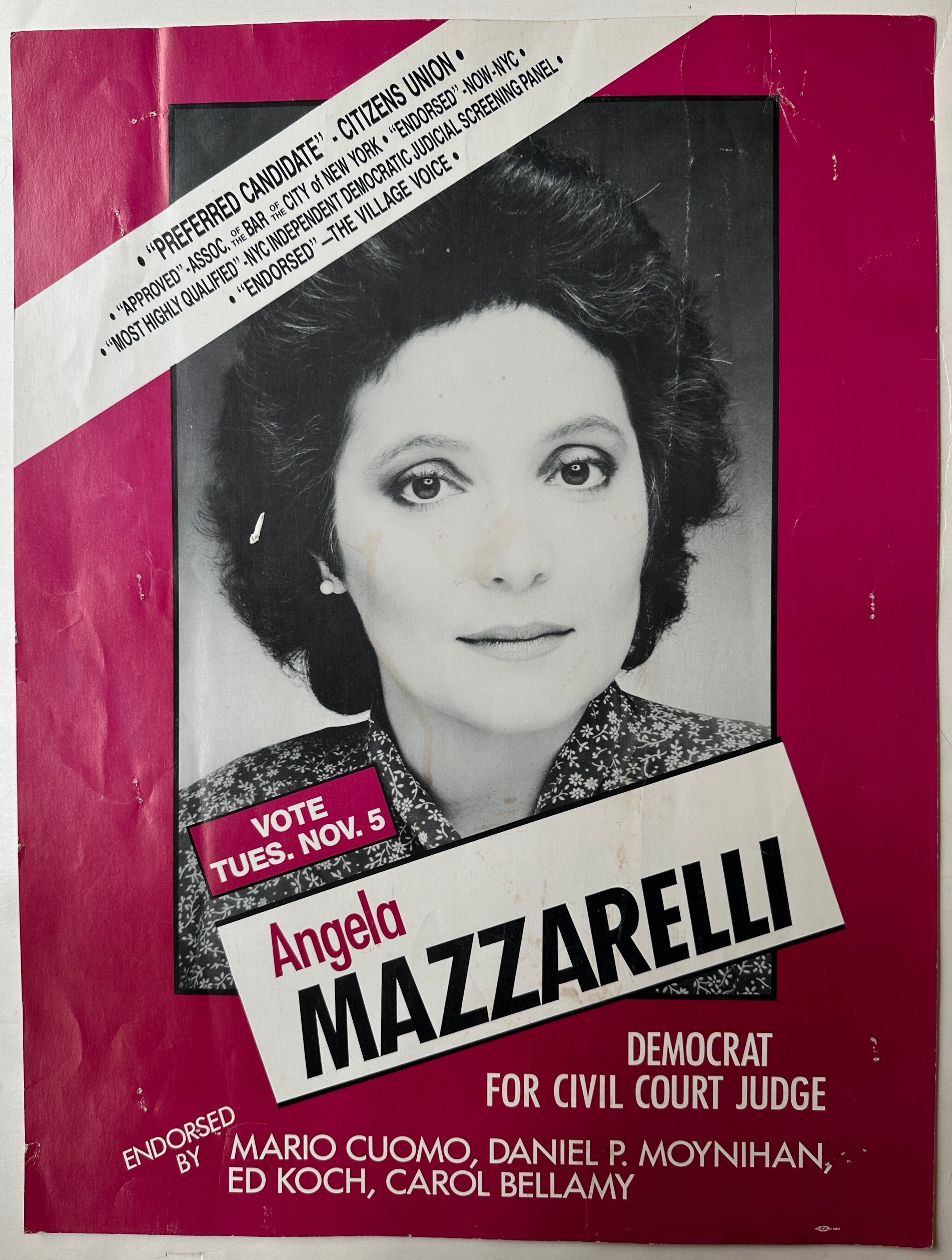 24x18 vote poster for angela mazzarelli 1985 nyc civil court judge elections featuring black and white photo of mazzarelli on magenta background