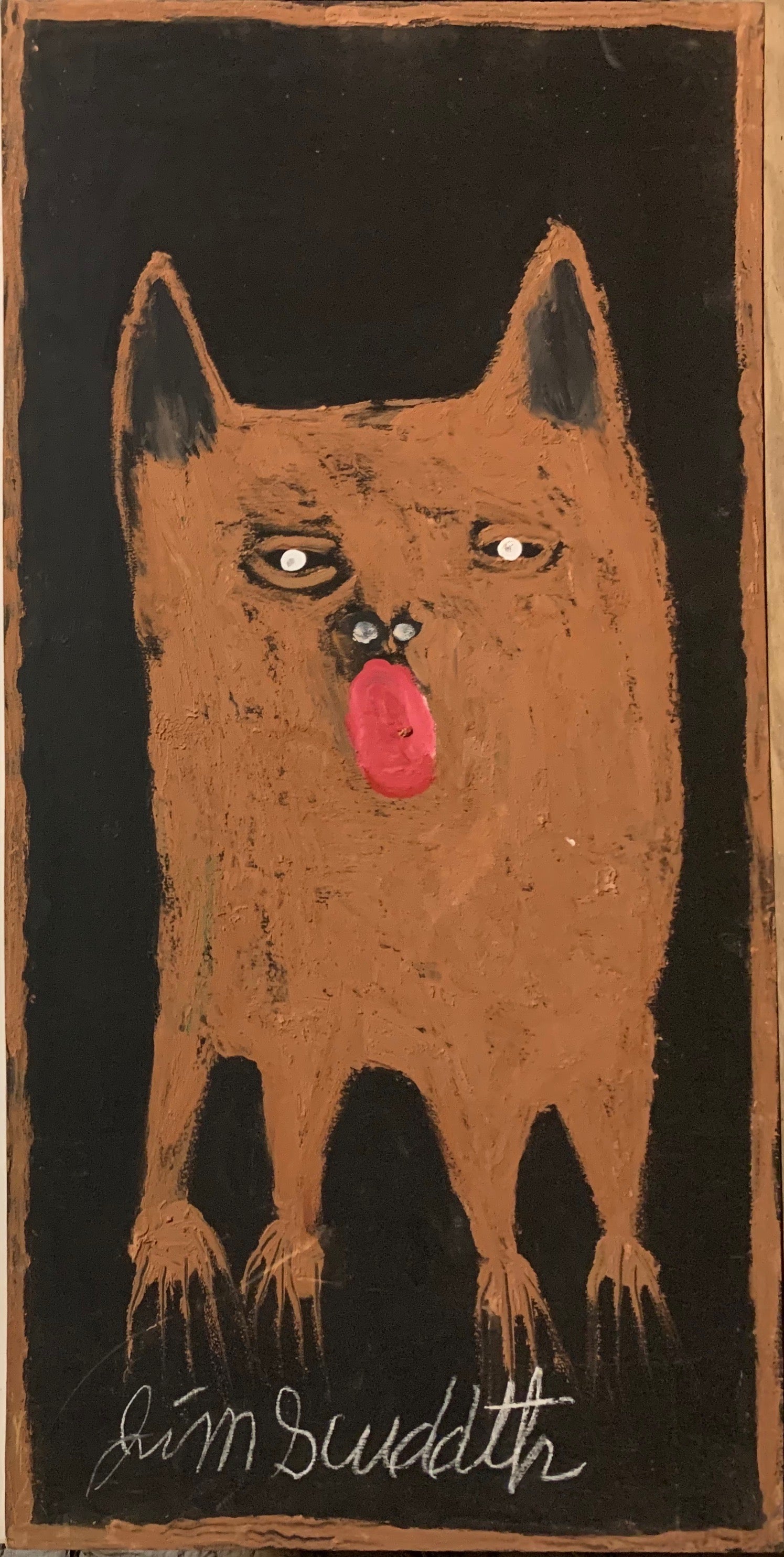A painting of a brown, panting dog.