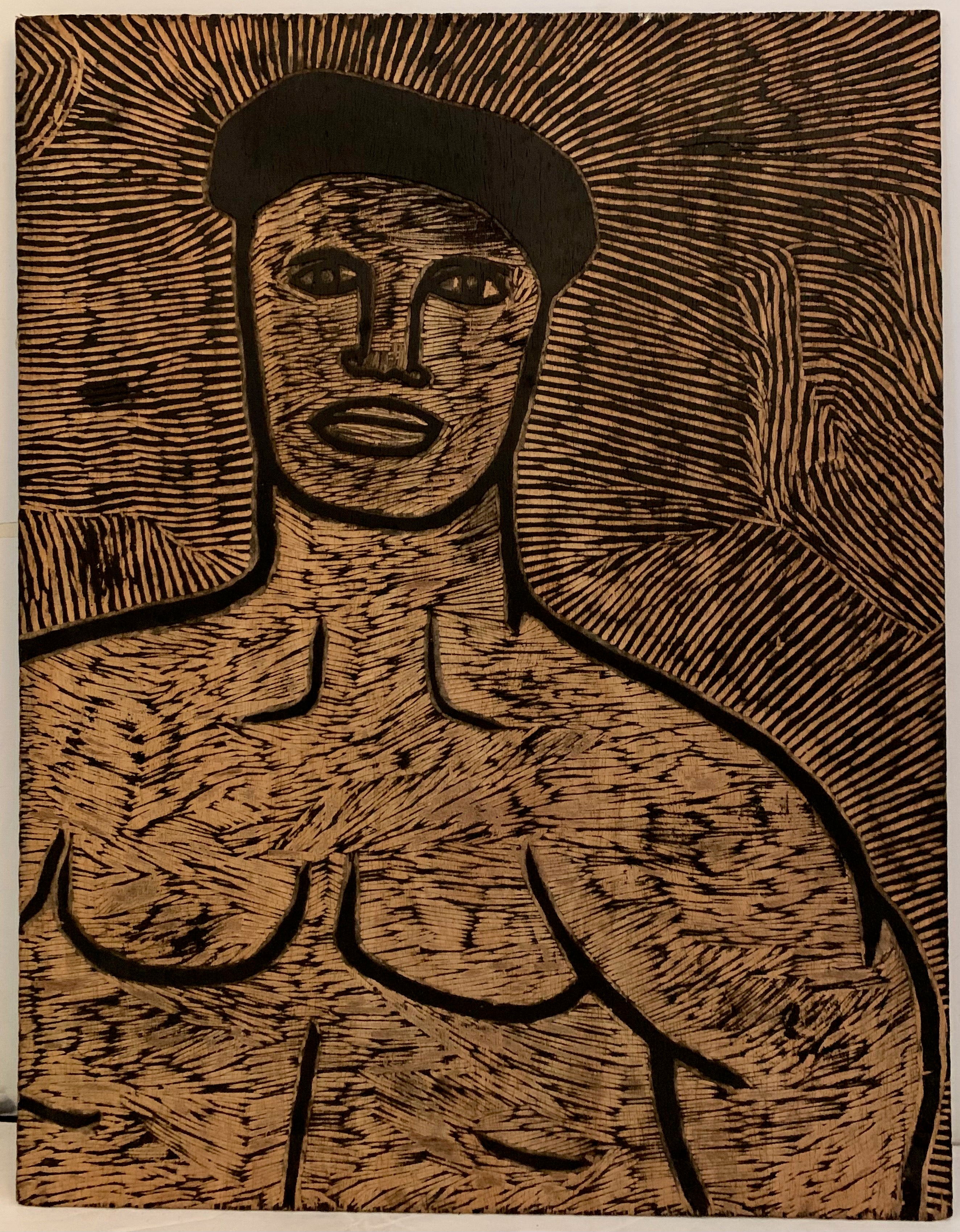 Woodblock of a shirtless man