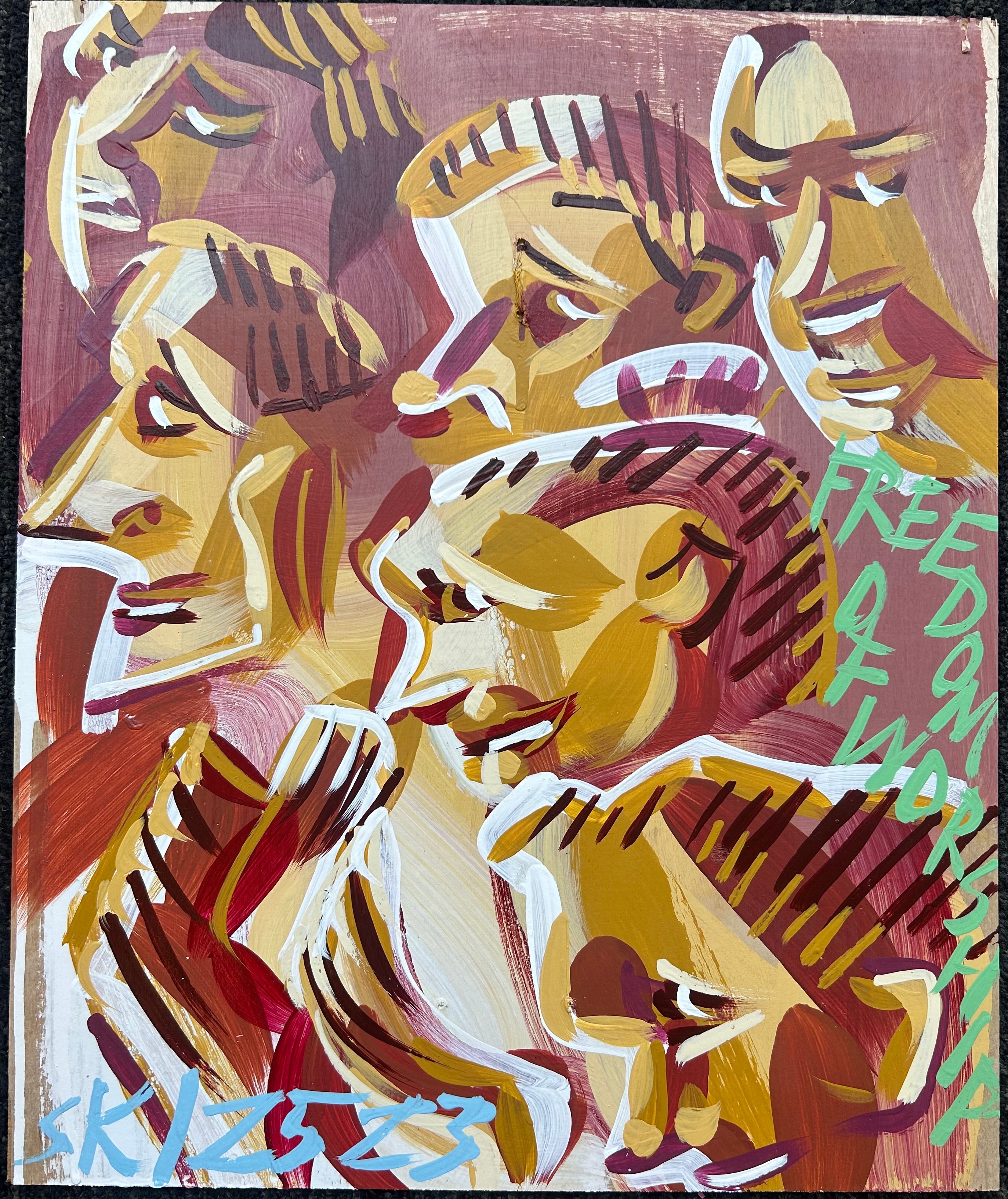 A plank of wood is painted with a group of people praying. The main colors are brown, red, yellow. The main text is written in light green. Steve Keene's signature is written in light blue.