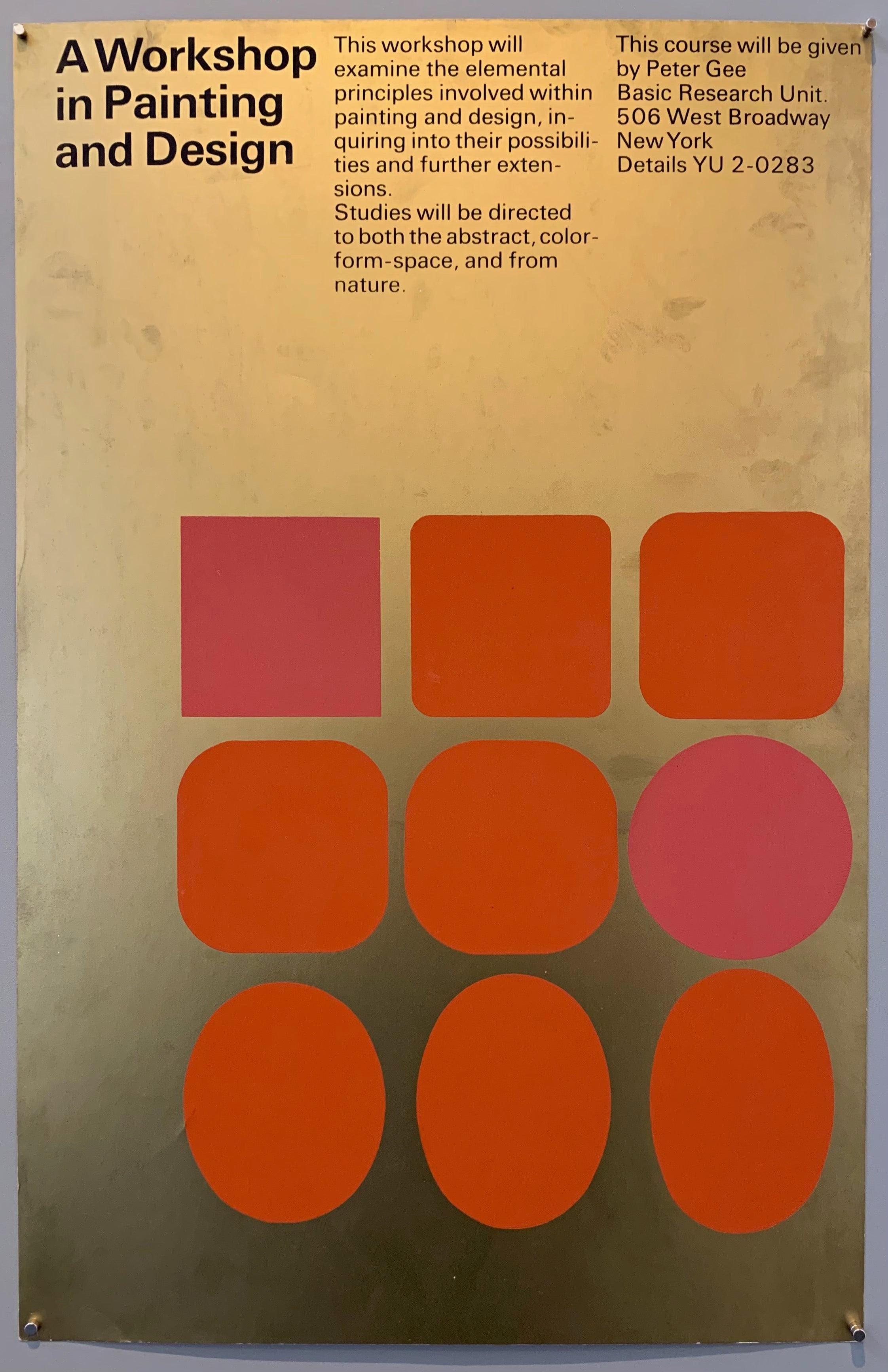 Gold poster with orange and pink squares and ovals