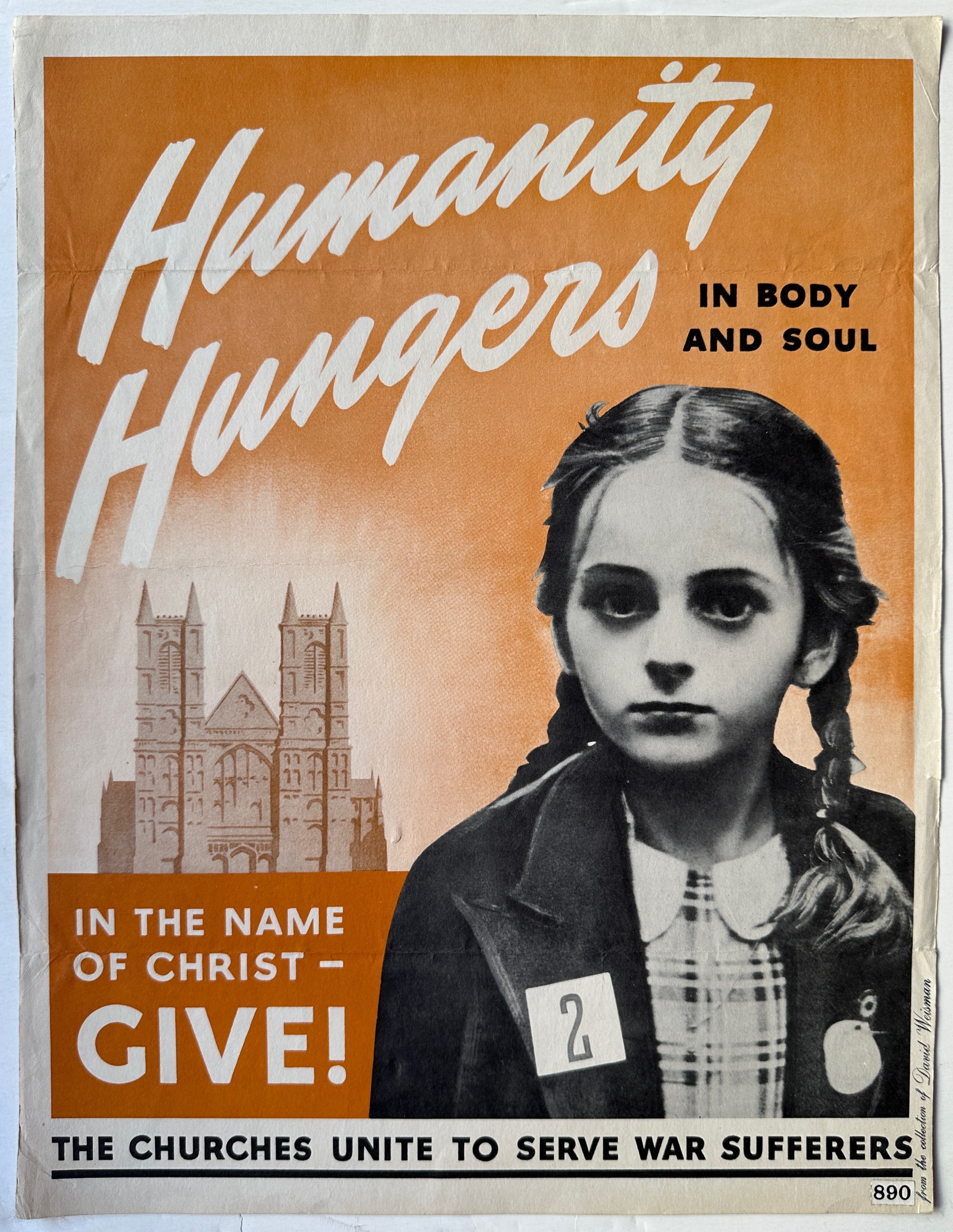 12x16 vertical poster with orange background and white cursive text and a black and white portrait photo of a girl calling for churches to donate to war efforts