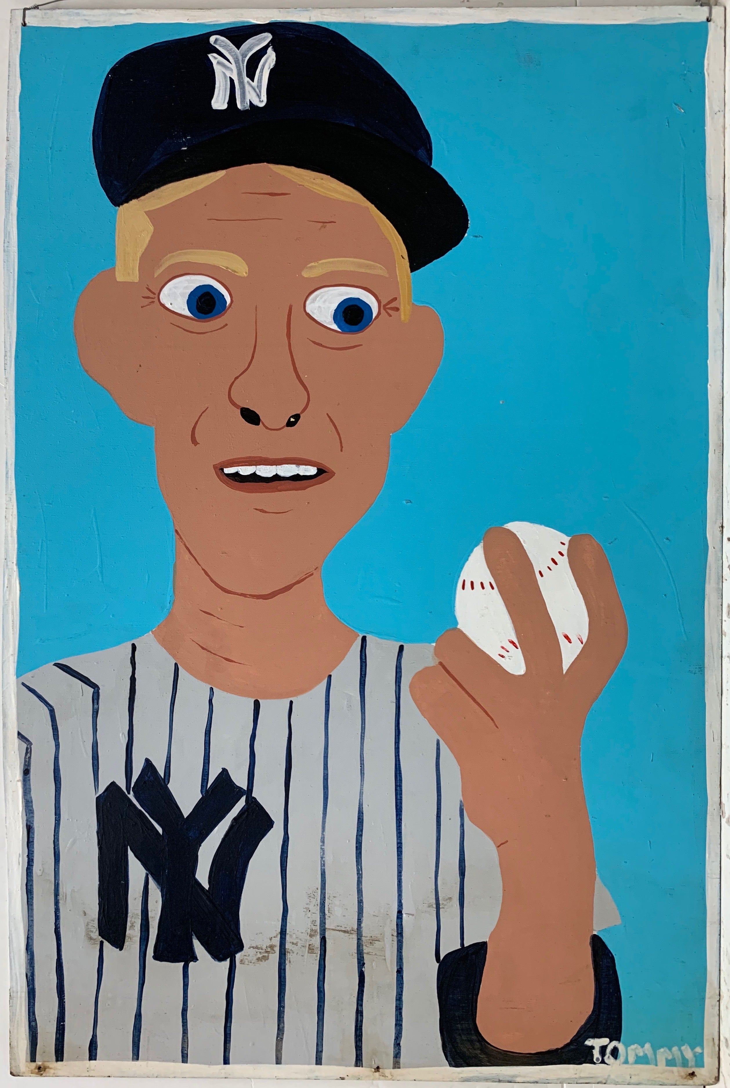A Tommy Cheng portrait of Ed "Whitey" Ford holding a baseball and dressed in a New York Yankees uniform and baseball hat.