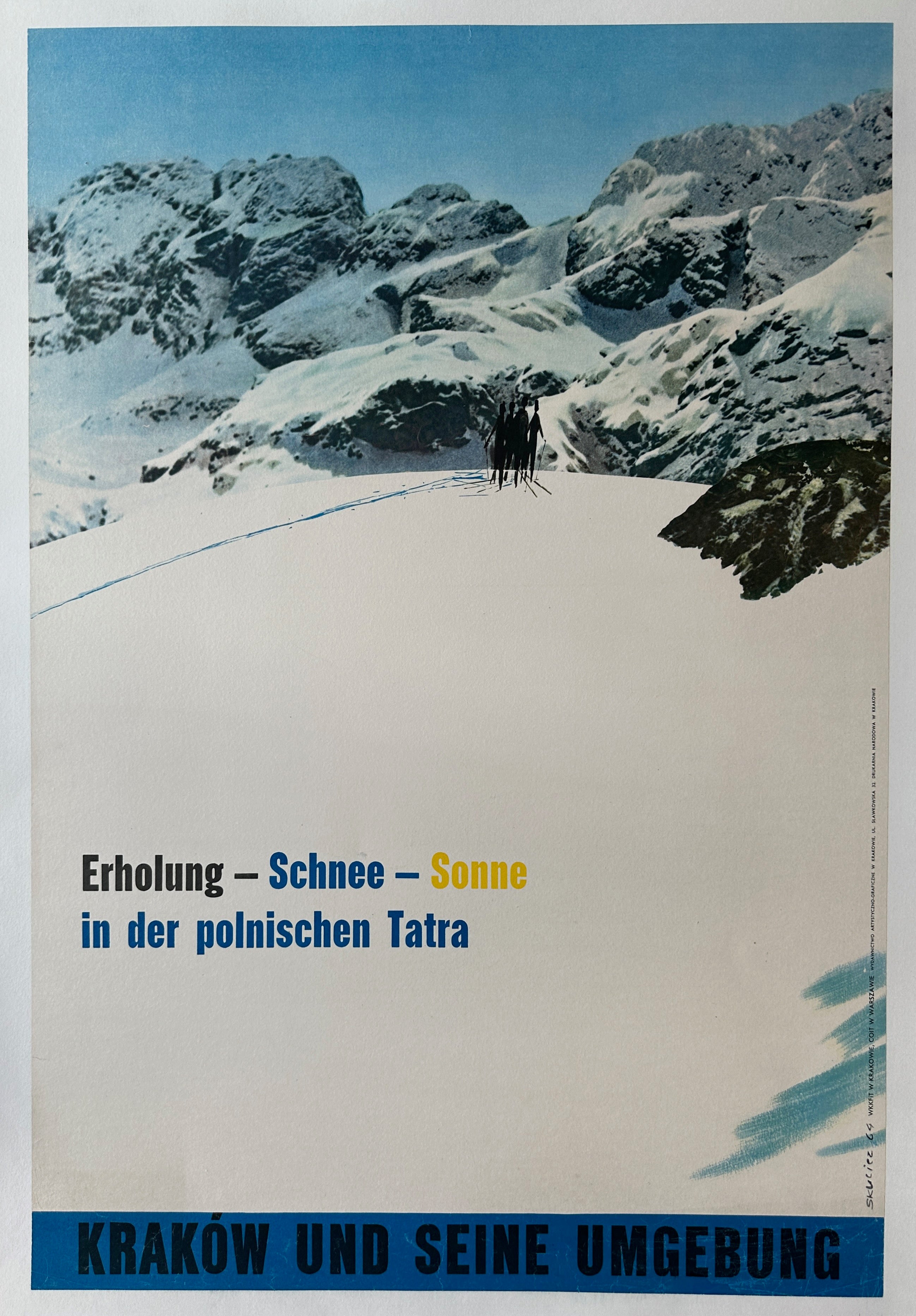 22x33.5 linen backed poster advertising skiing in Krakow, Poland featuring a mountainous background