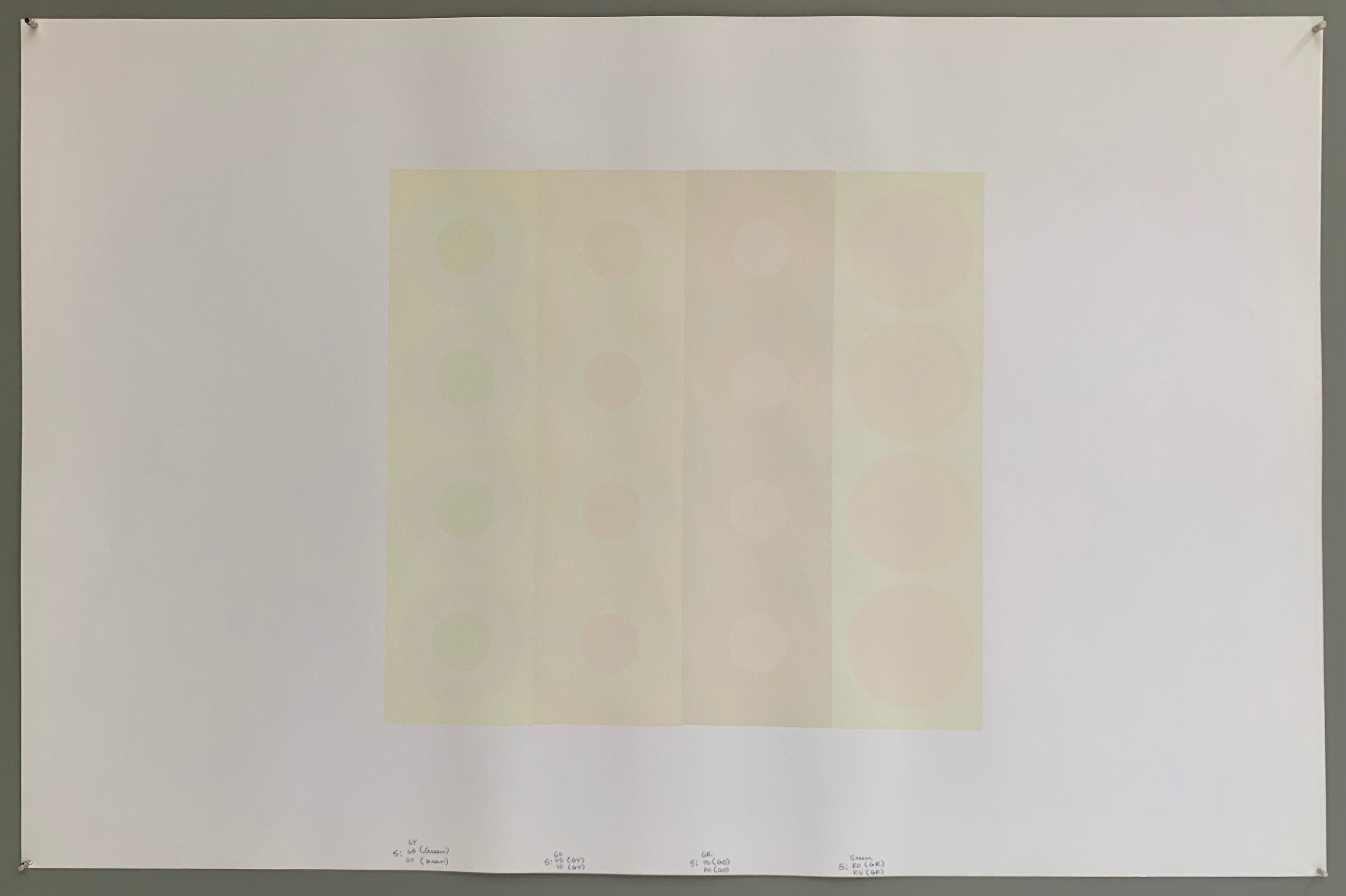 A rectangle made by three panels each holding a line of targets. The colors of this are quite lovely— creamy whites and greys mixed with the slightest hints of purple, pink, and blue.