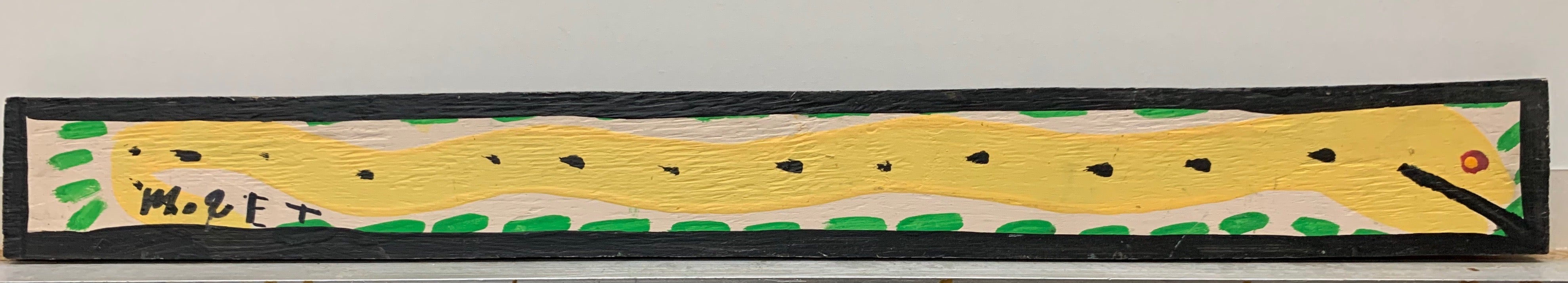 A Mose Tolliver painting of a yellow snake speckled with black and with a red eye.