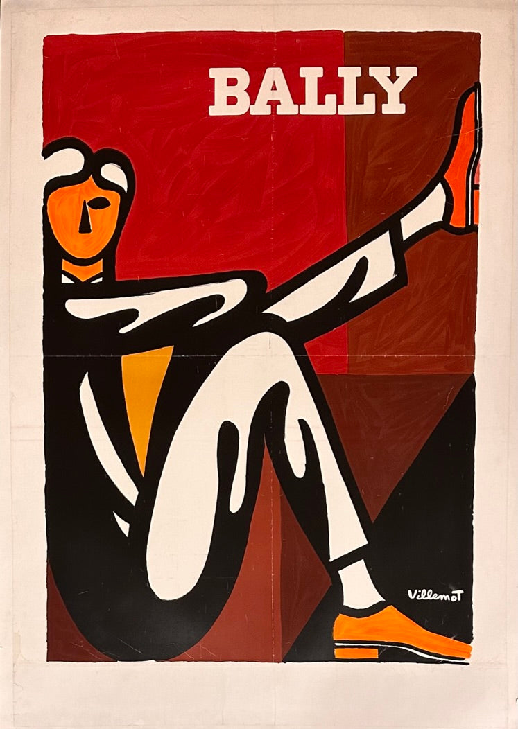 The image features a relaxed man sitting with one leg up against a red abstract background.