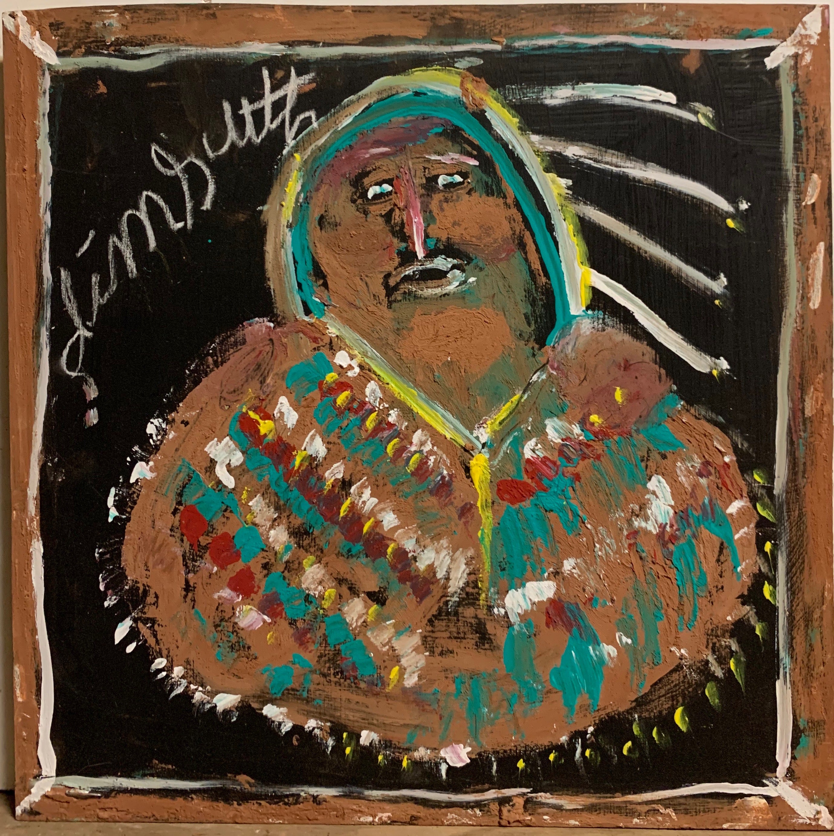 A Jimmie Lee Sudduth painting of a Native American.