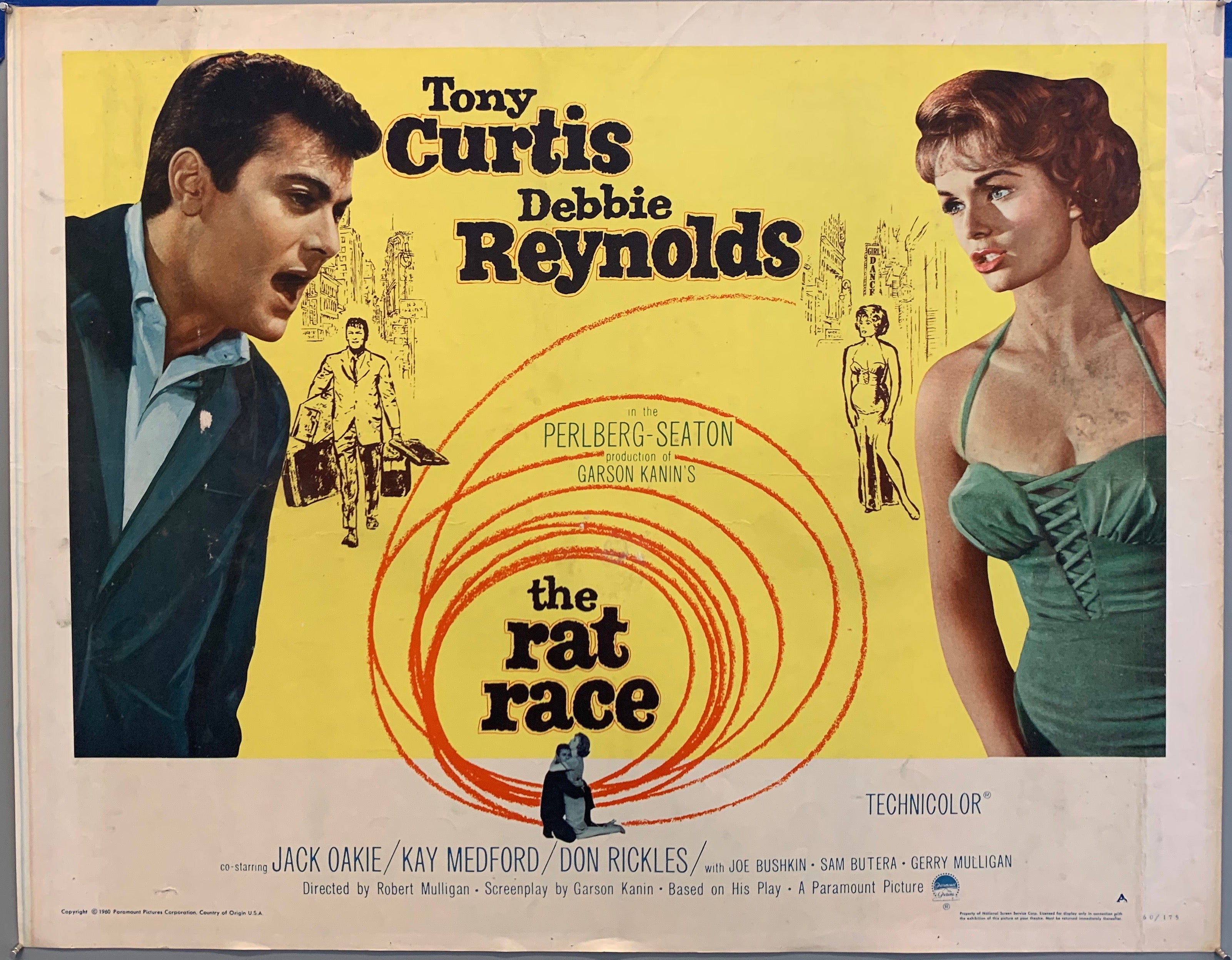 2 people talking on movie poster the rat race, sketches of them walking in new york city