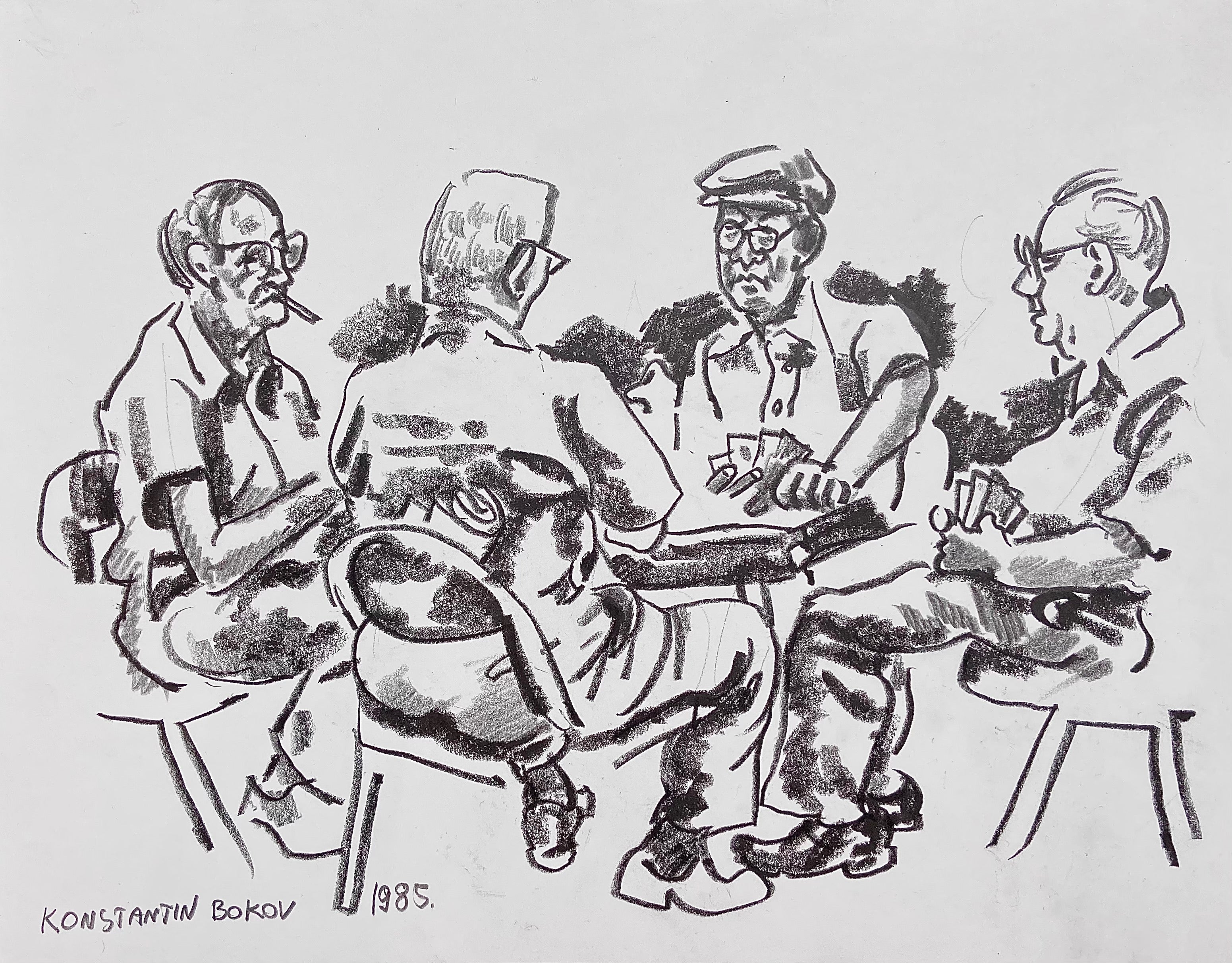 charcoal drawing of a card game