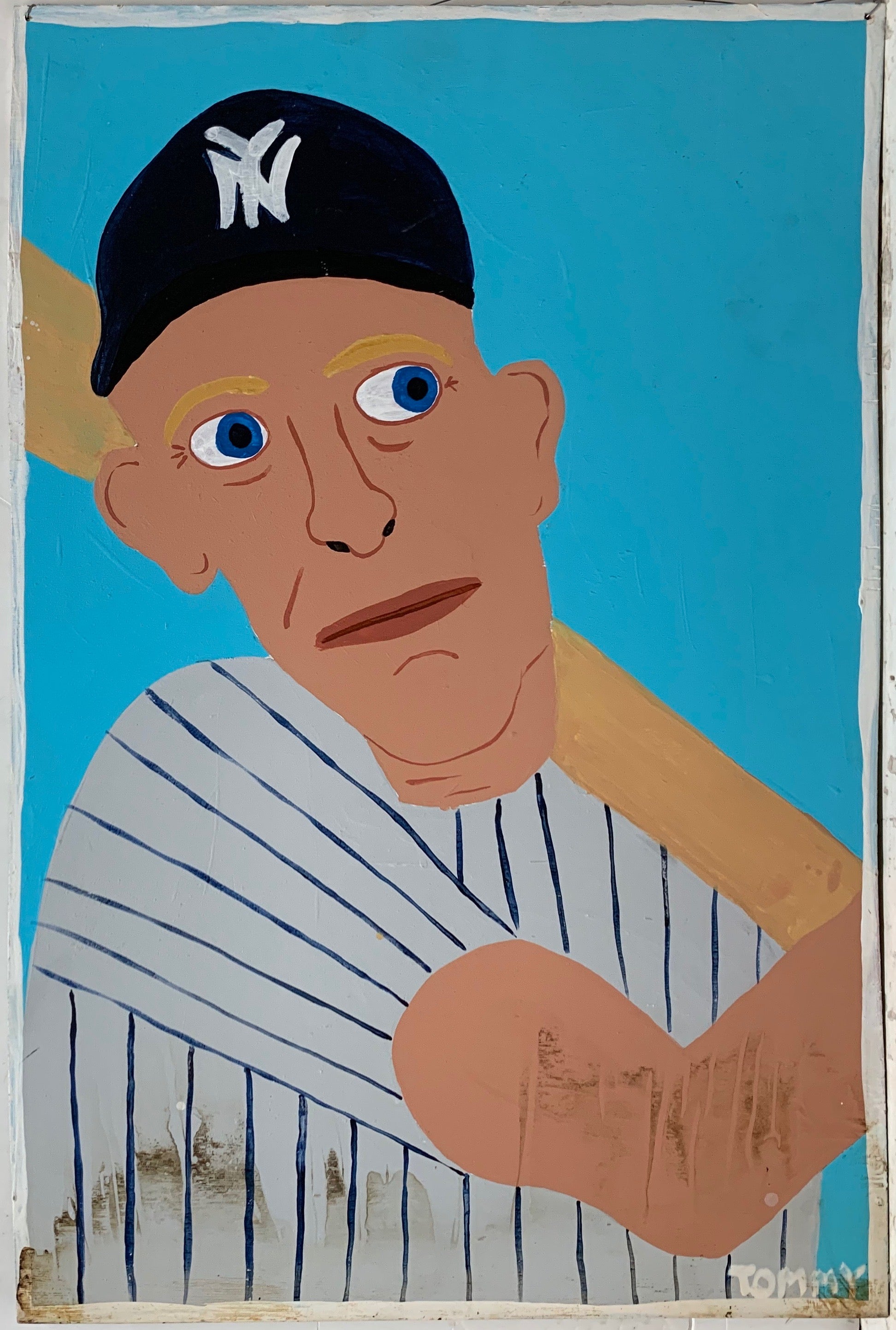 A Tommy Cheng portrait of Mickey Mantle up for bat in a New York Yankees baseball hat and uniform.