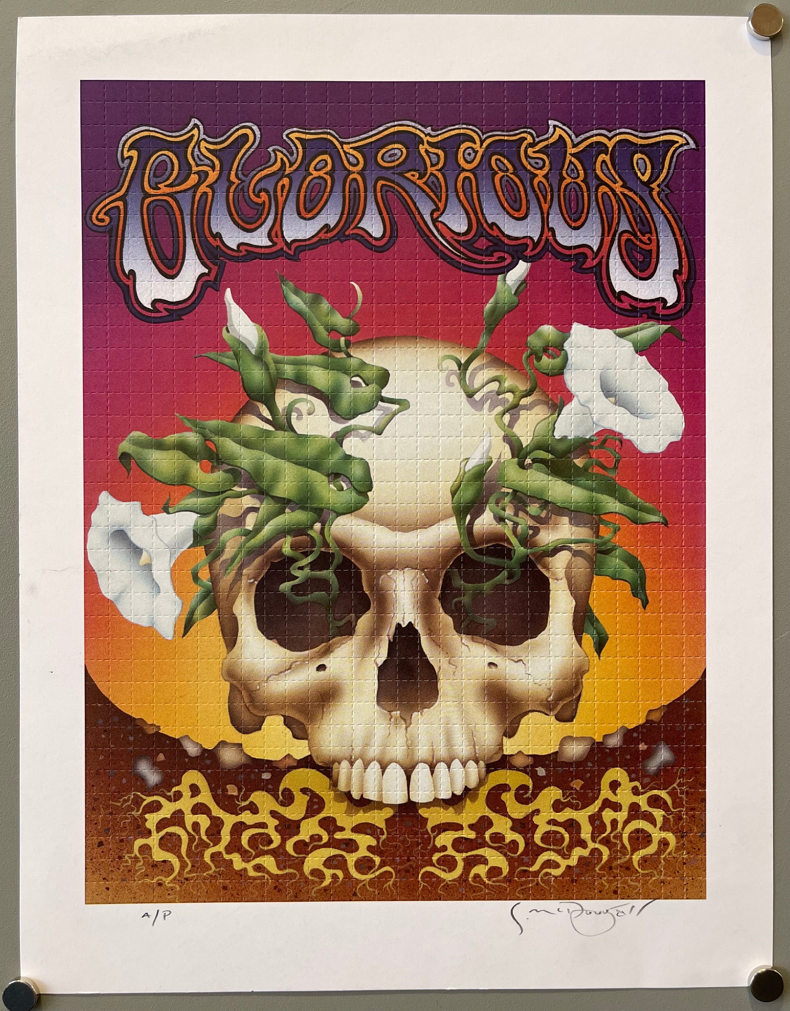 background is purple,red yellow and brown. Skull in center with vines on head and roots coming out of teeth