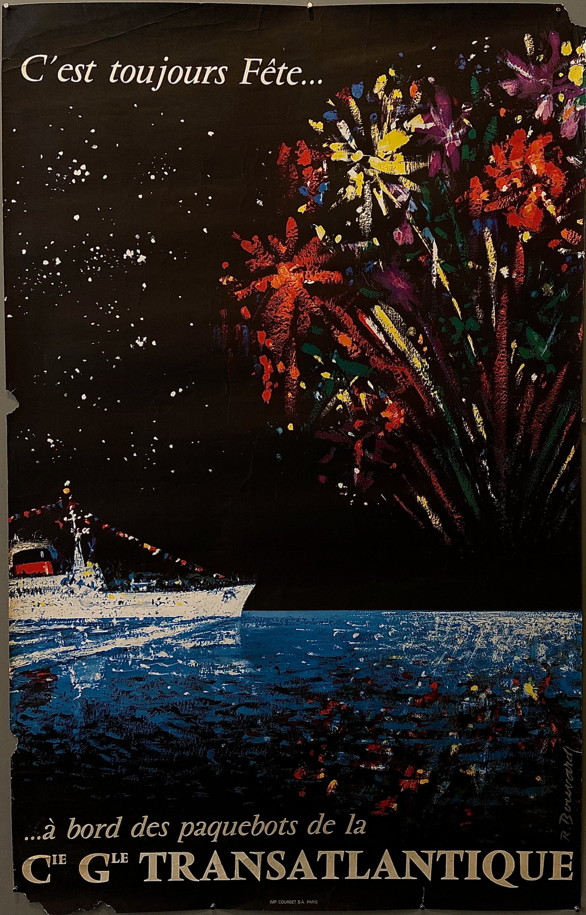 Poster of a cruise shi at night with fireworks in the sky