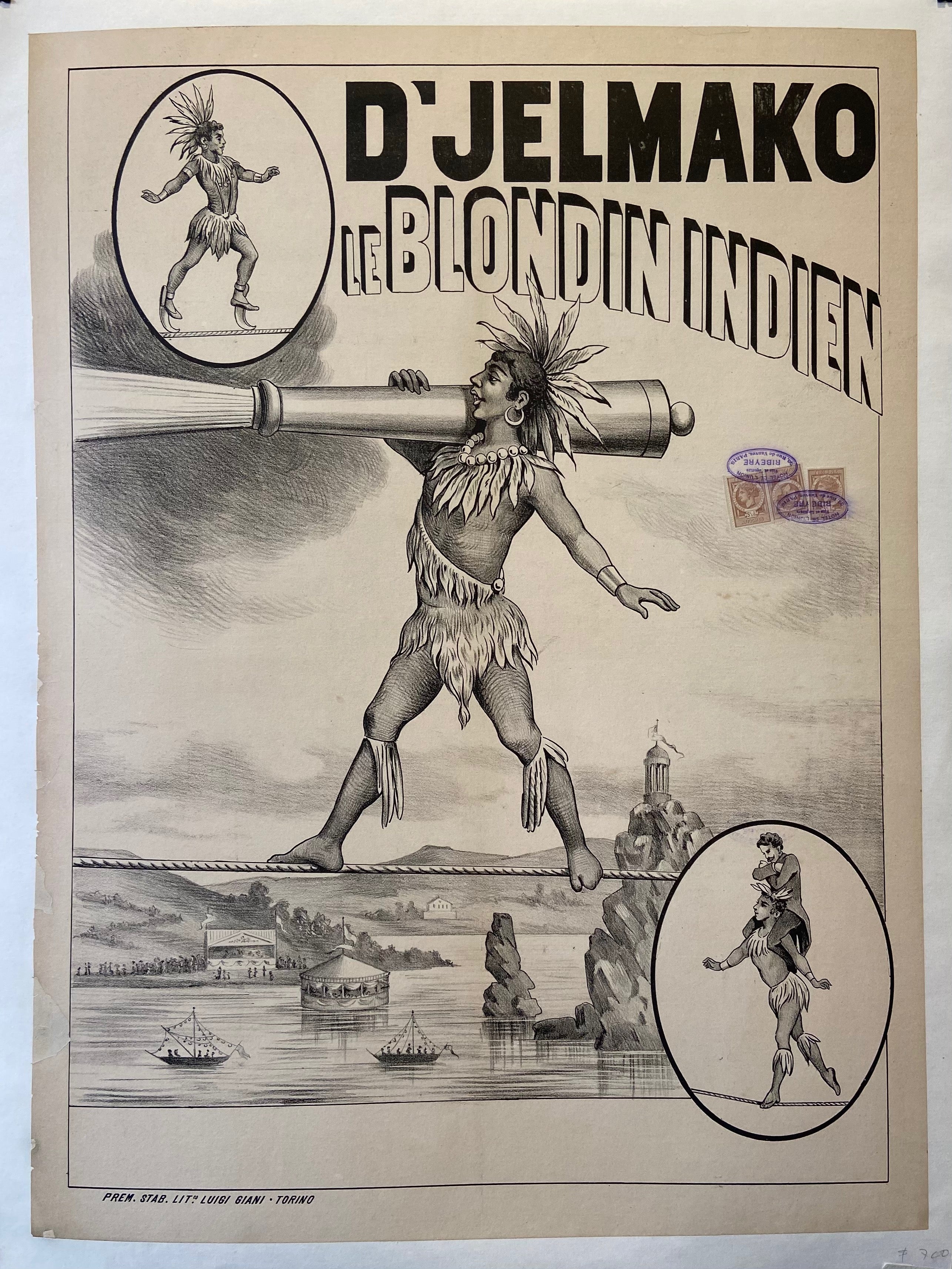 Poster in black and white of a Native American walking across a tightrope