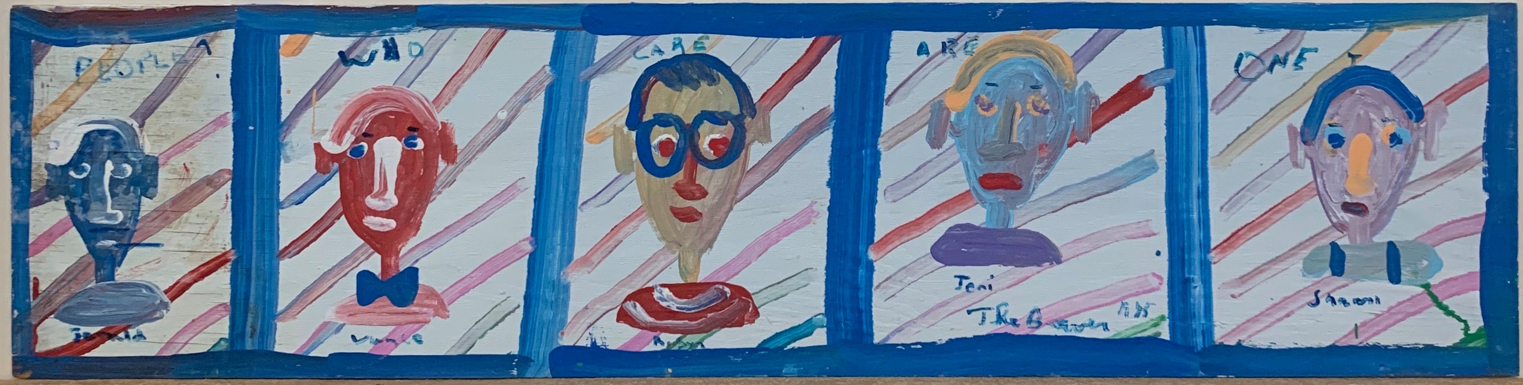 A painting by The Beaver divided into five quadrants, and inside of each is a portrait of differently, fantastically colored man.