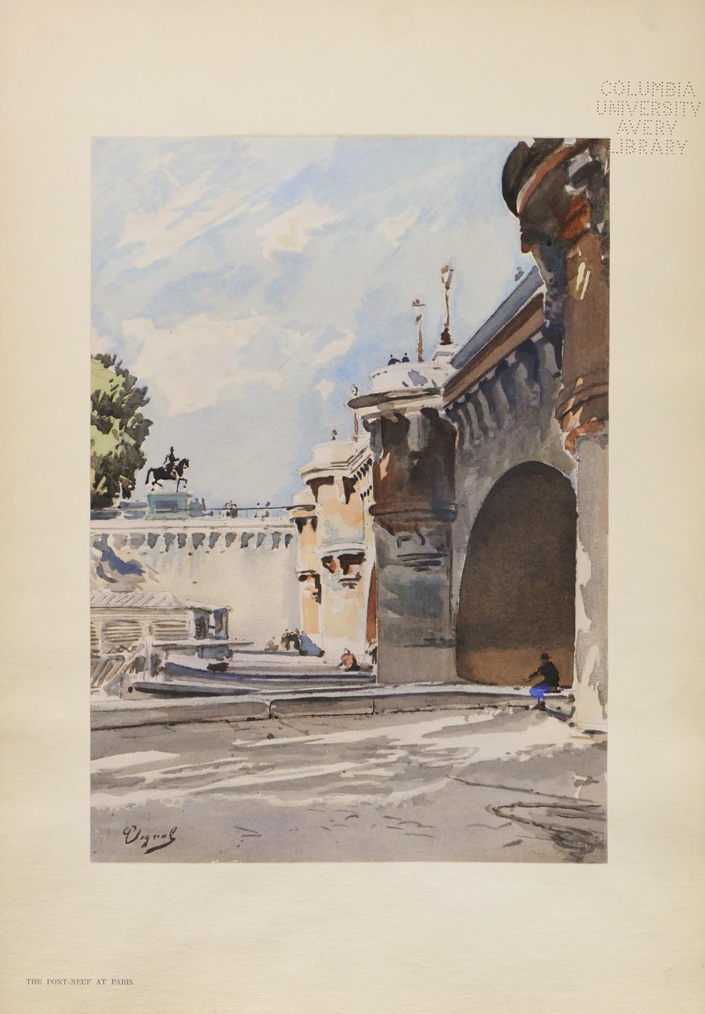 A stone bridge with several arches is over a river, with a riverbank filled with plants alongside it, and a faroff city in the back. Print of a watercolor.