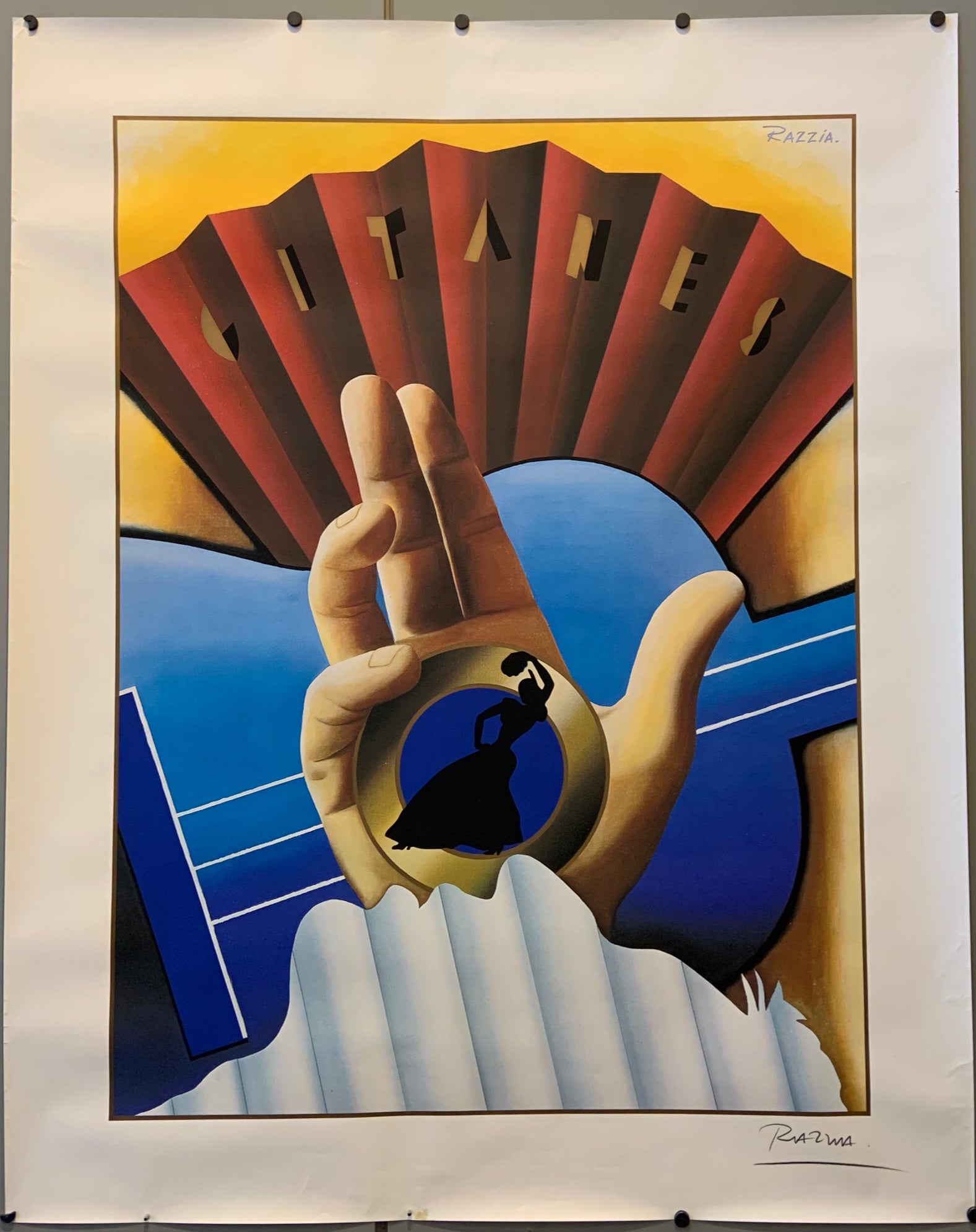 Cigarette ad for Gitanes featuring a hand over a blue guitar, the Gitanes logo floating in the hand.