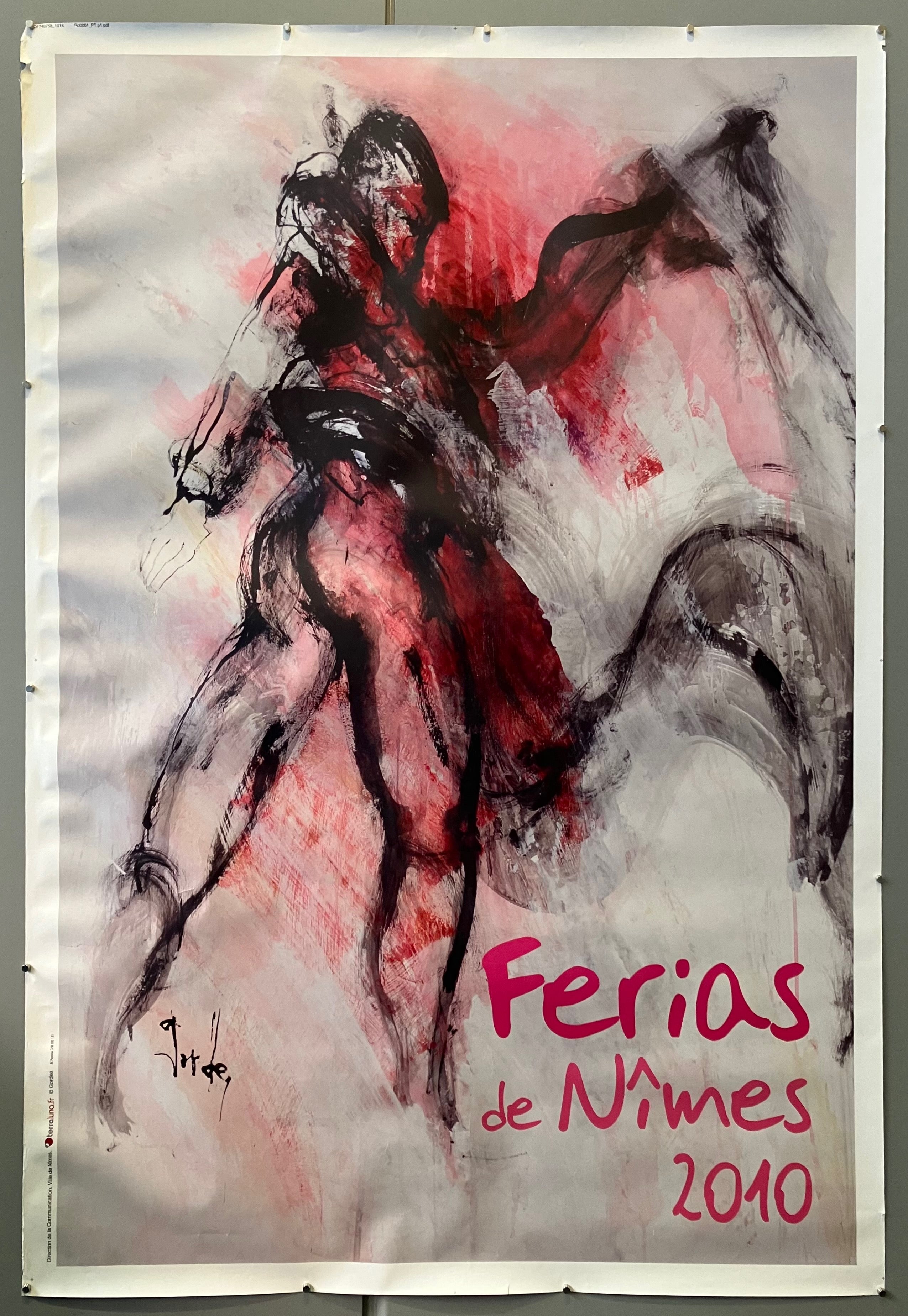 69x47 2010 poster for the annual feria de nimes, french festival centered on spanish bullfighting featuring abstract art of a bullfighter with red cape