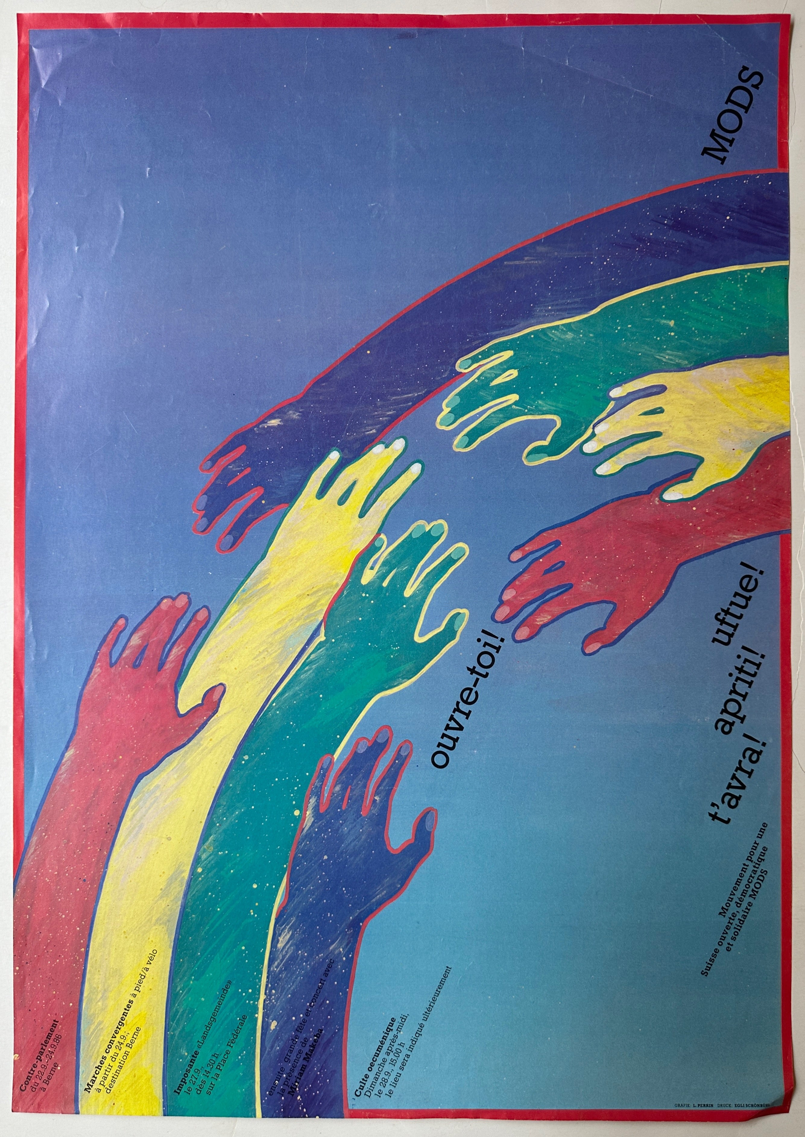 24x17 poster with blue ombre background, black text, and red, yellow, green, and blue hands making a rainbow