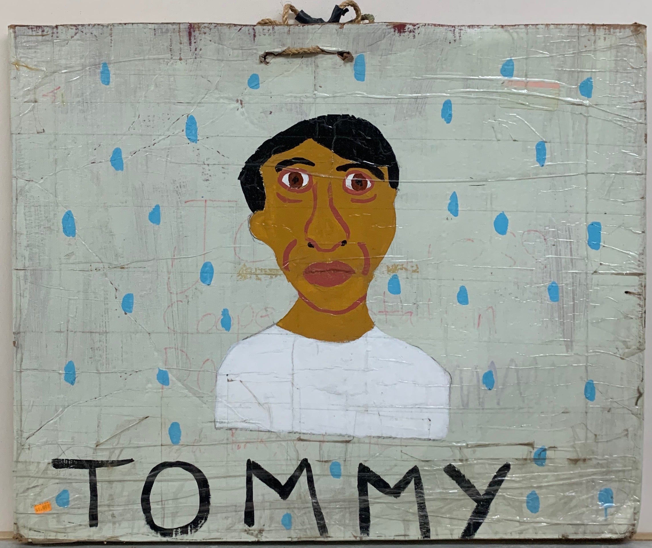 Self-portrait of Tommy Cheng on a blue background with raindrops.