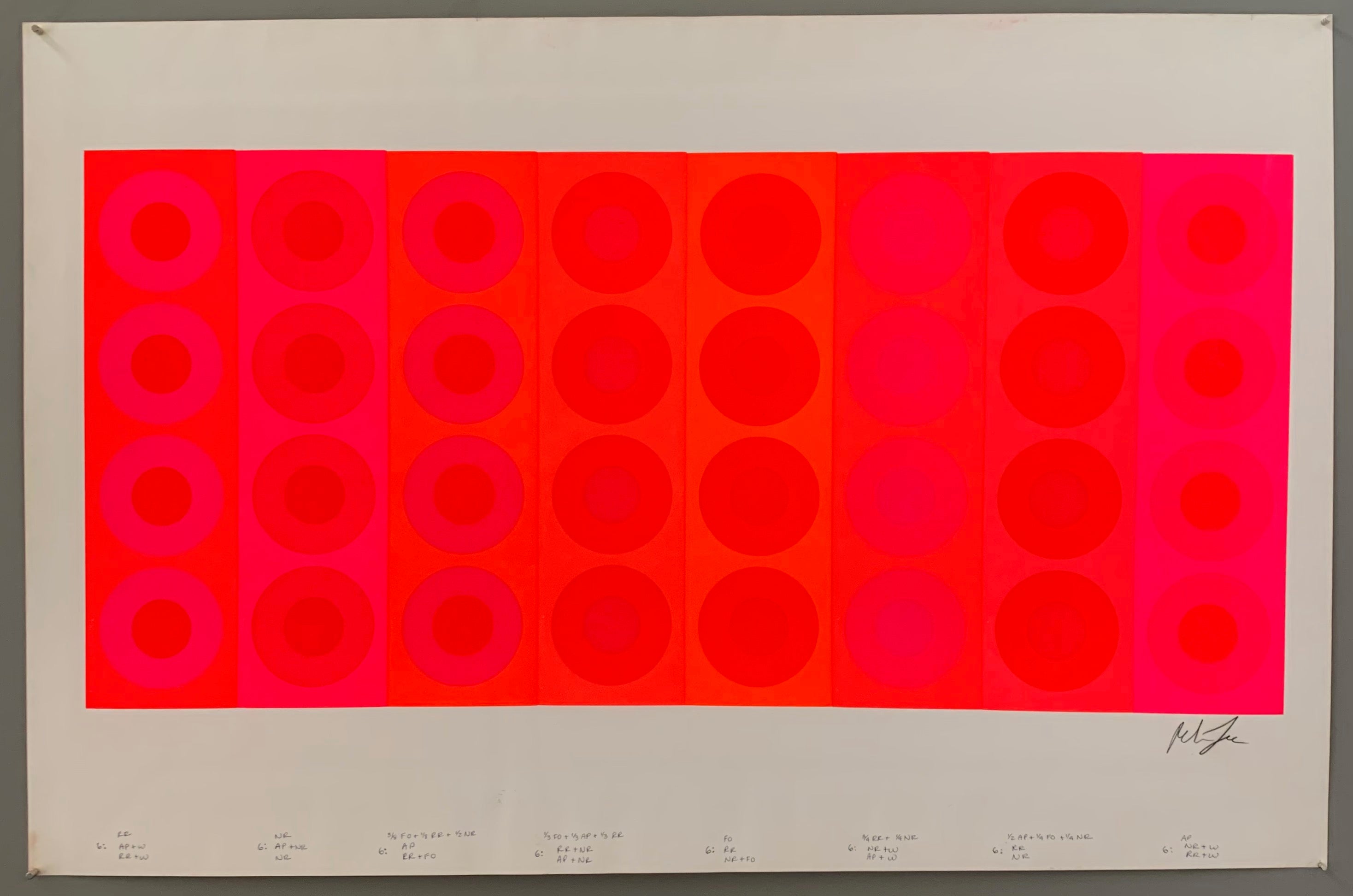 A rectangle of neon is made up of 6 panels. These are all different oranges and pinks and contain 4 rows of targets in converse colors.