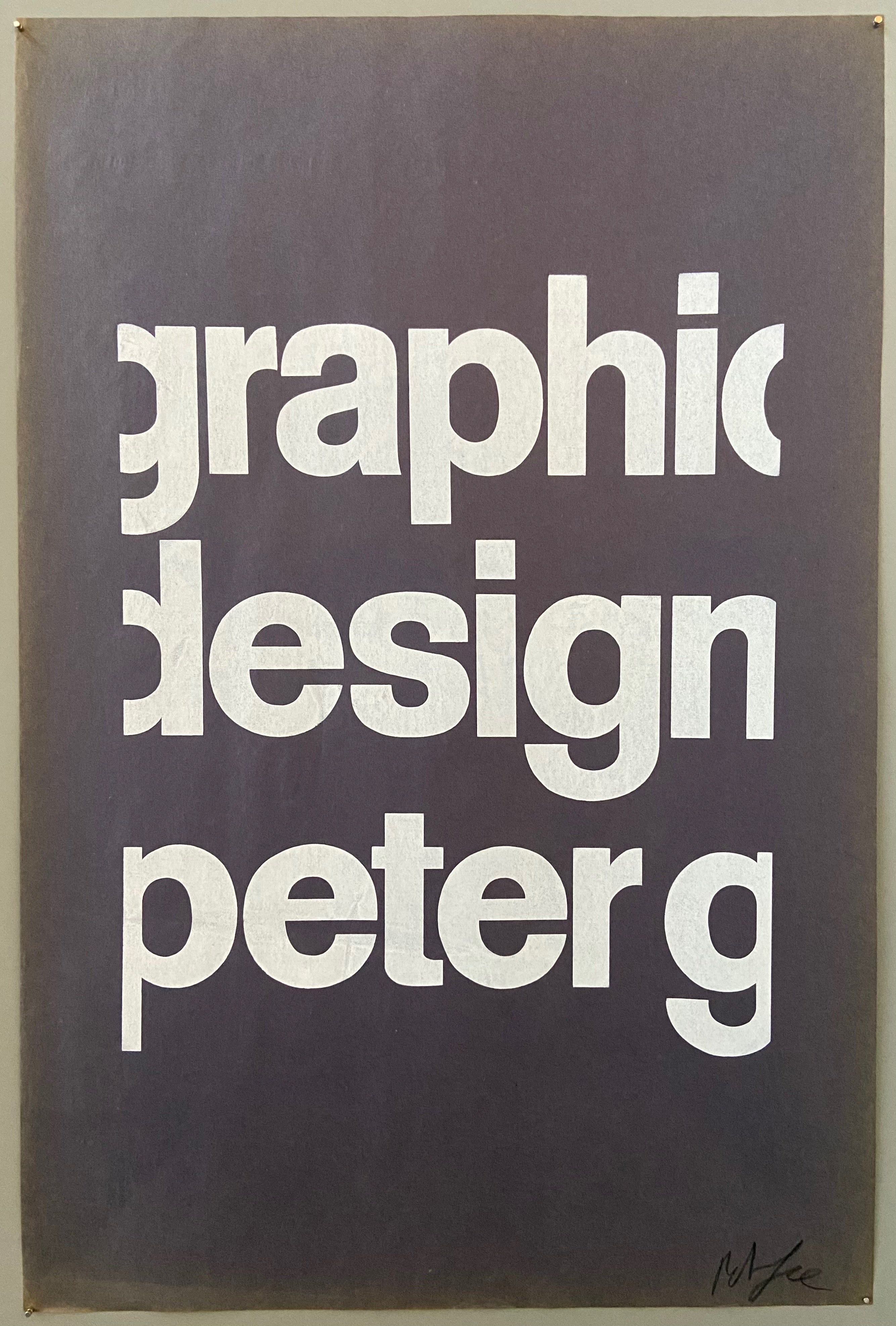 Purple poster with white font saying graphic design peter g