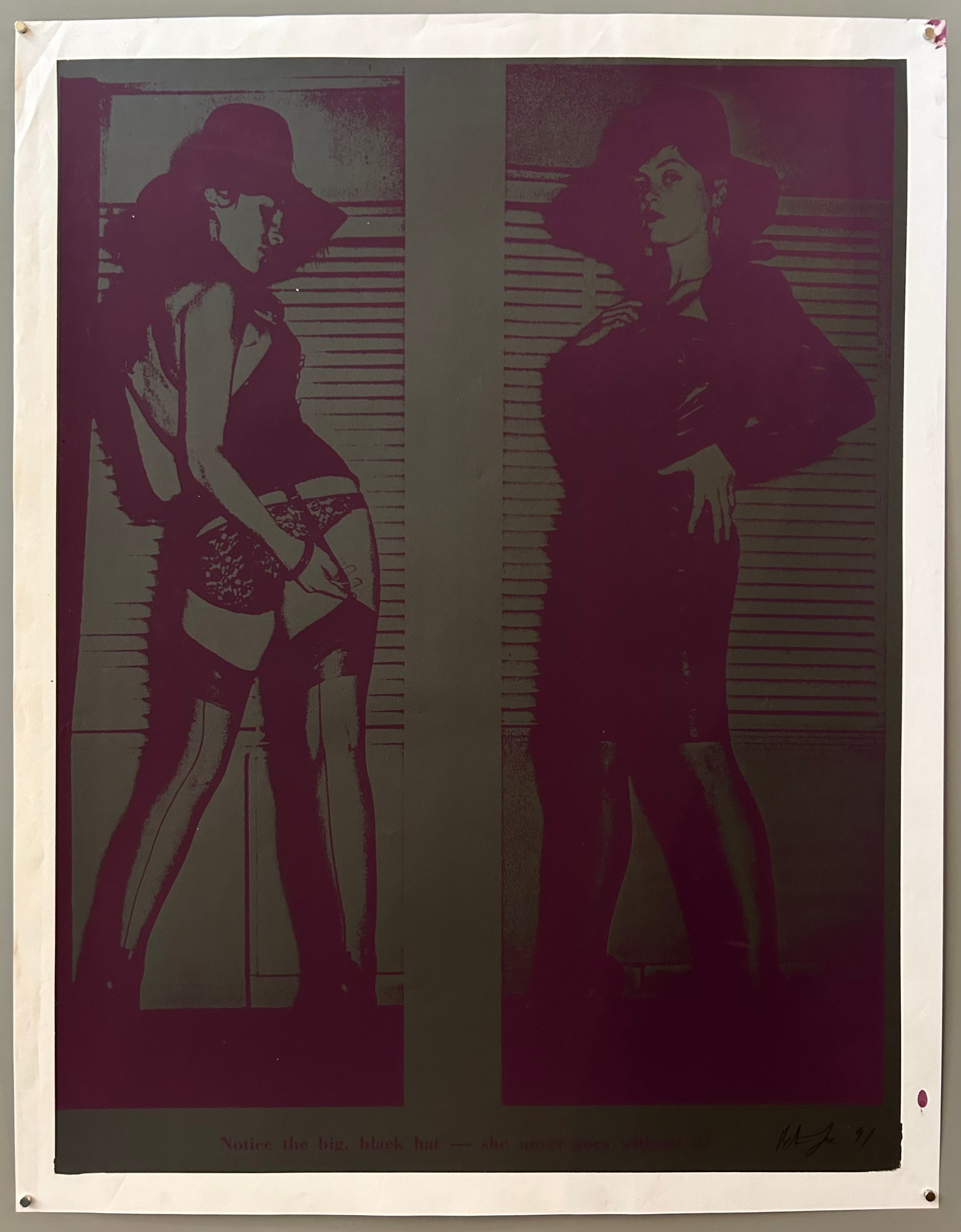 Two pop-art style women in hats are laid next to each other. Their faces are looking at the viewer but their bodies are turned around.