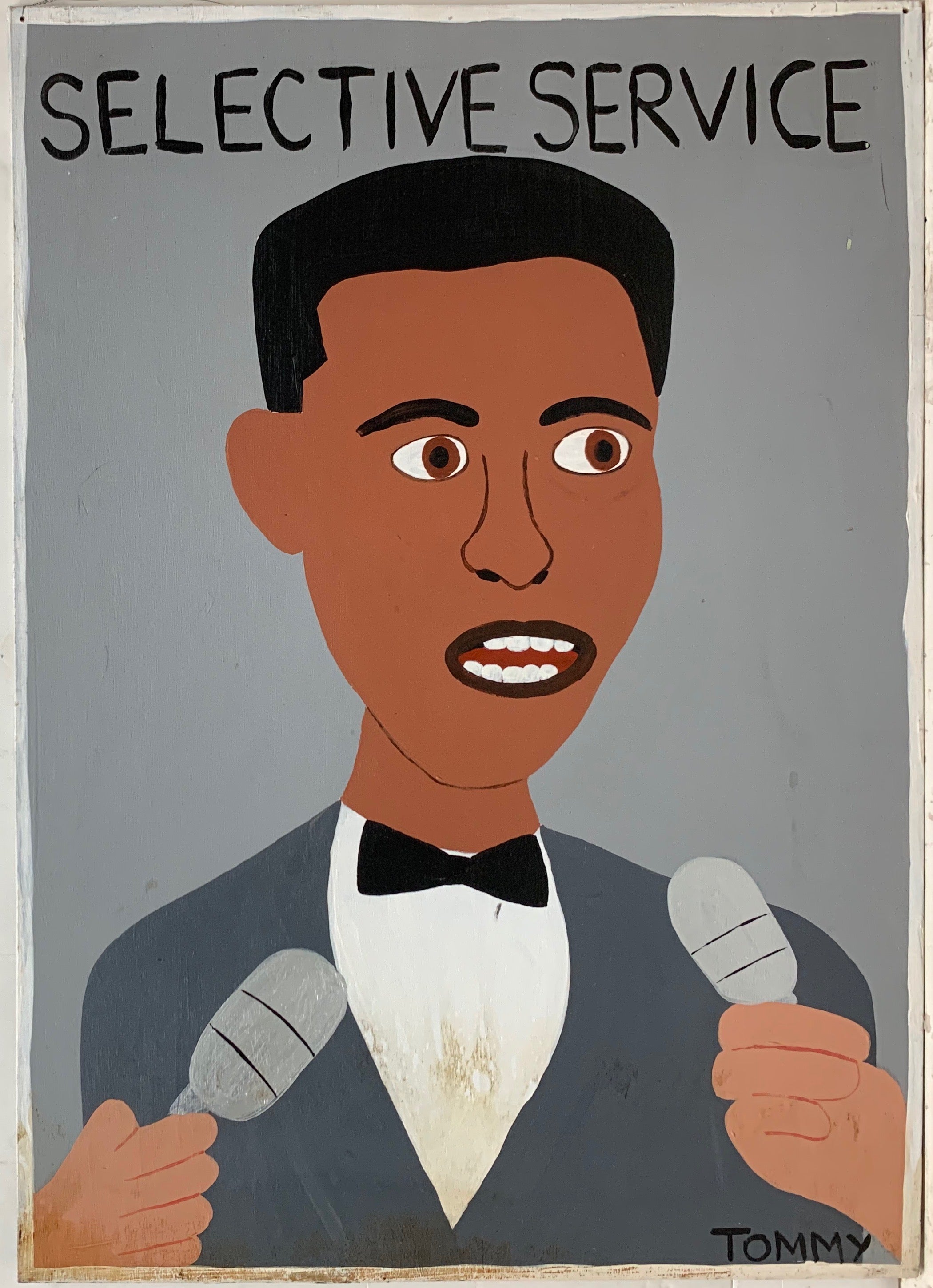A Tommy  Cheng portrait of Muhammad Ali speaking to not pictured reporters.
