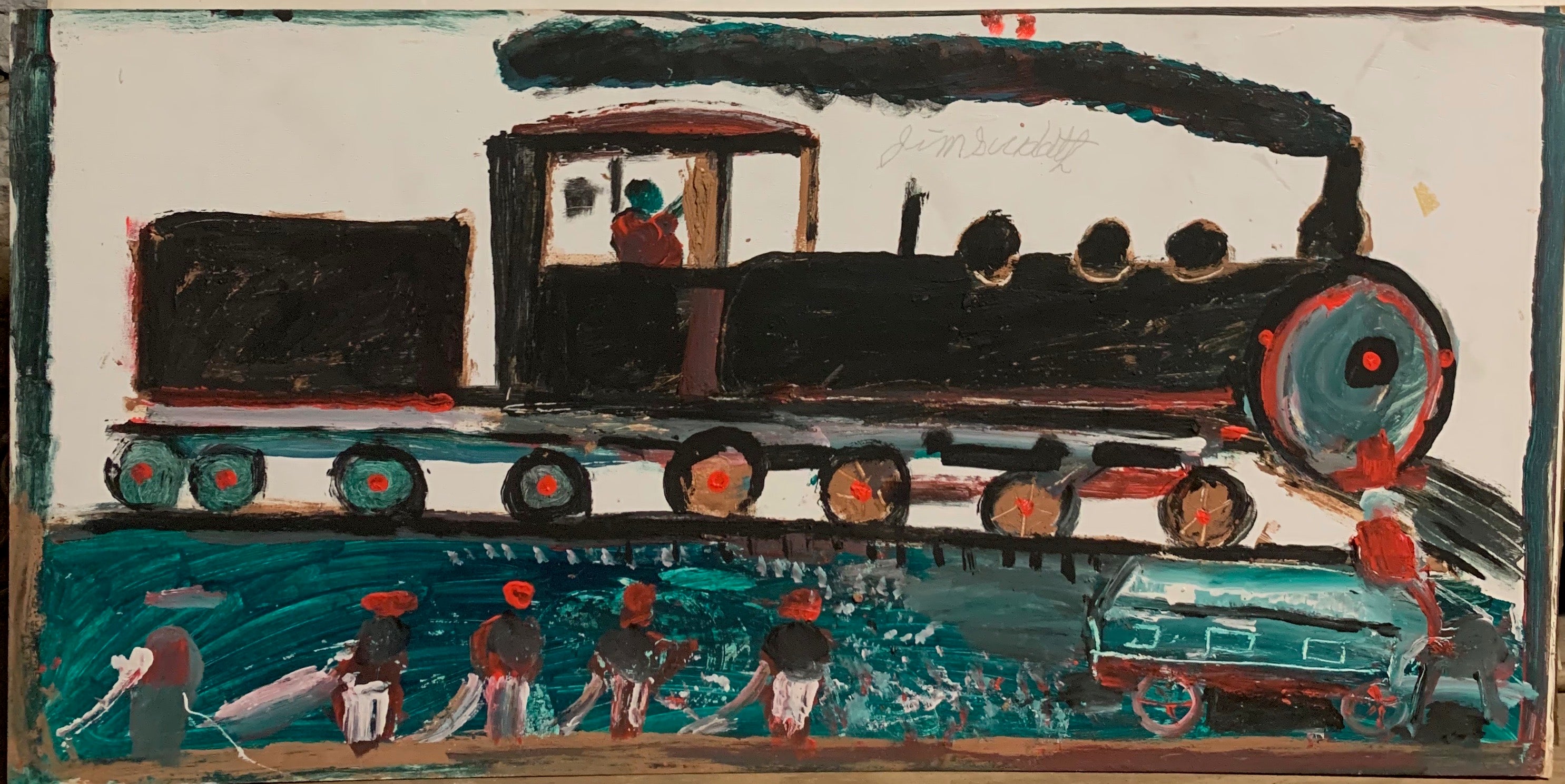 A painting of a black train.