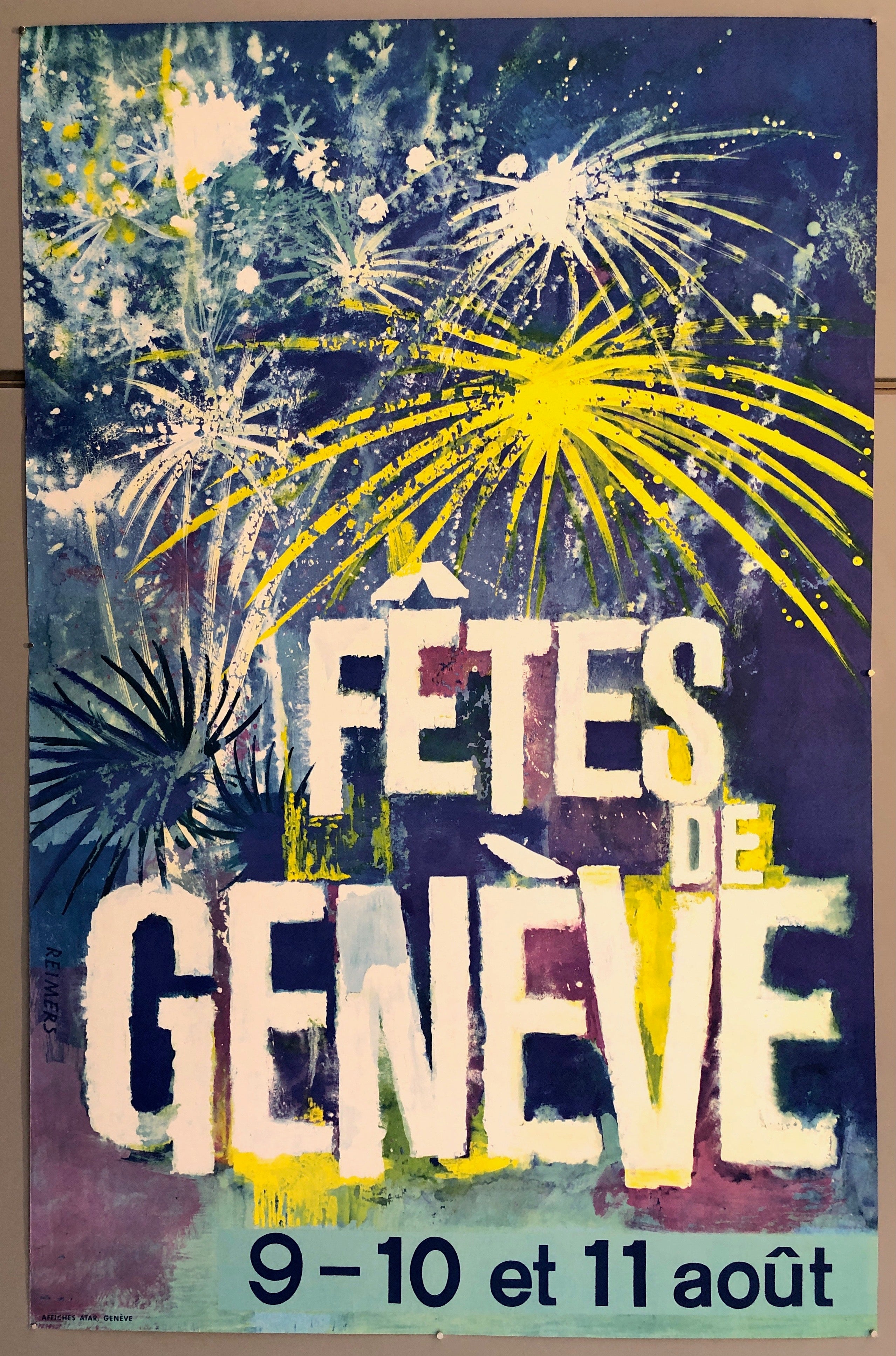 Poster showing an illustration of yellow, white, and blue fireworks.