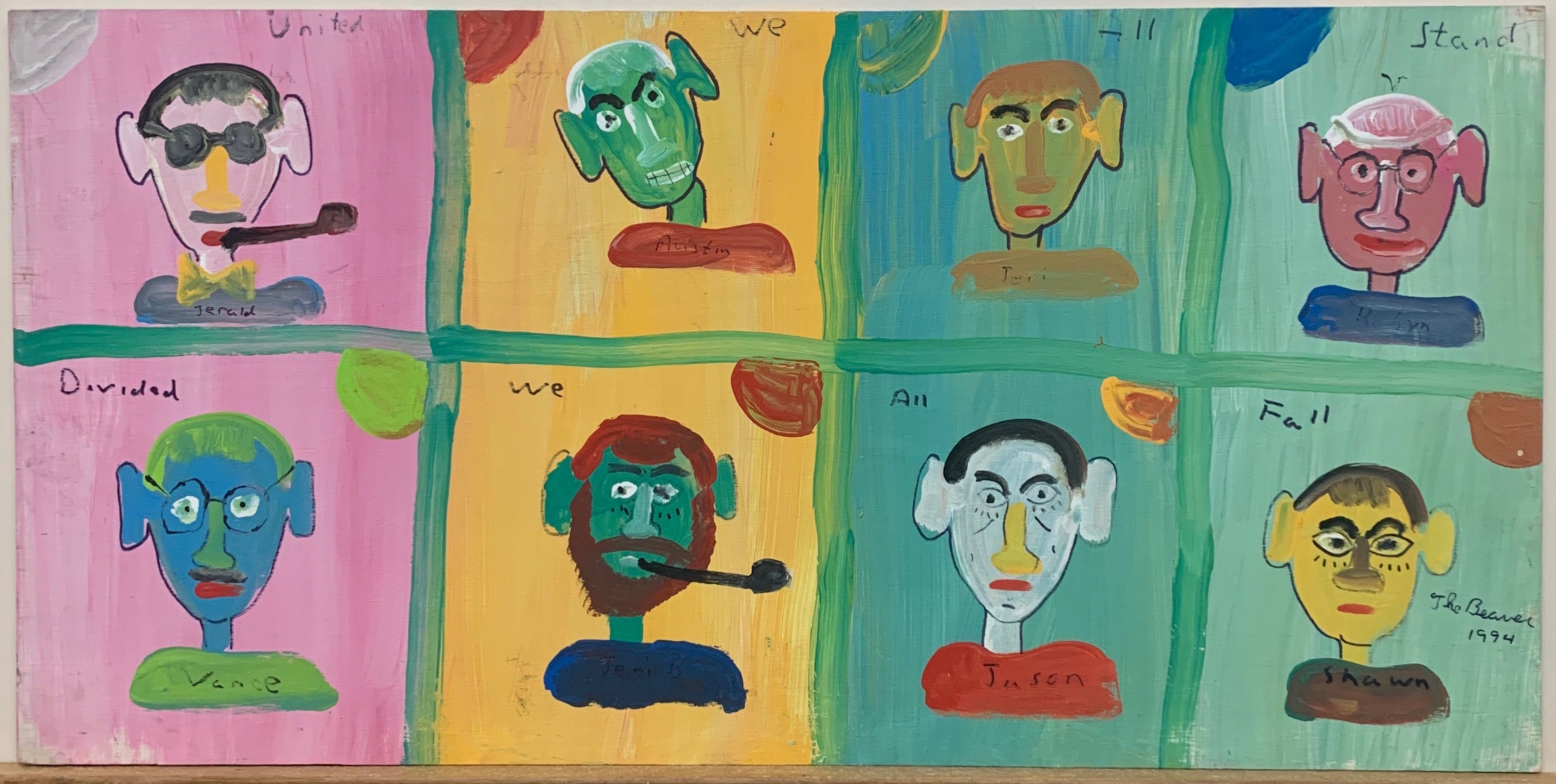 A painting by The Beaver divided into eight quadrants, each with a colorful man's portrait inside.