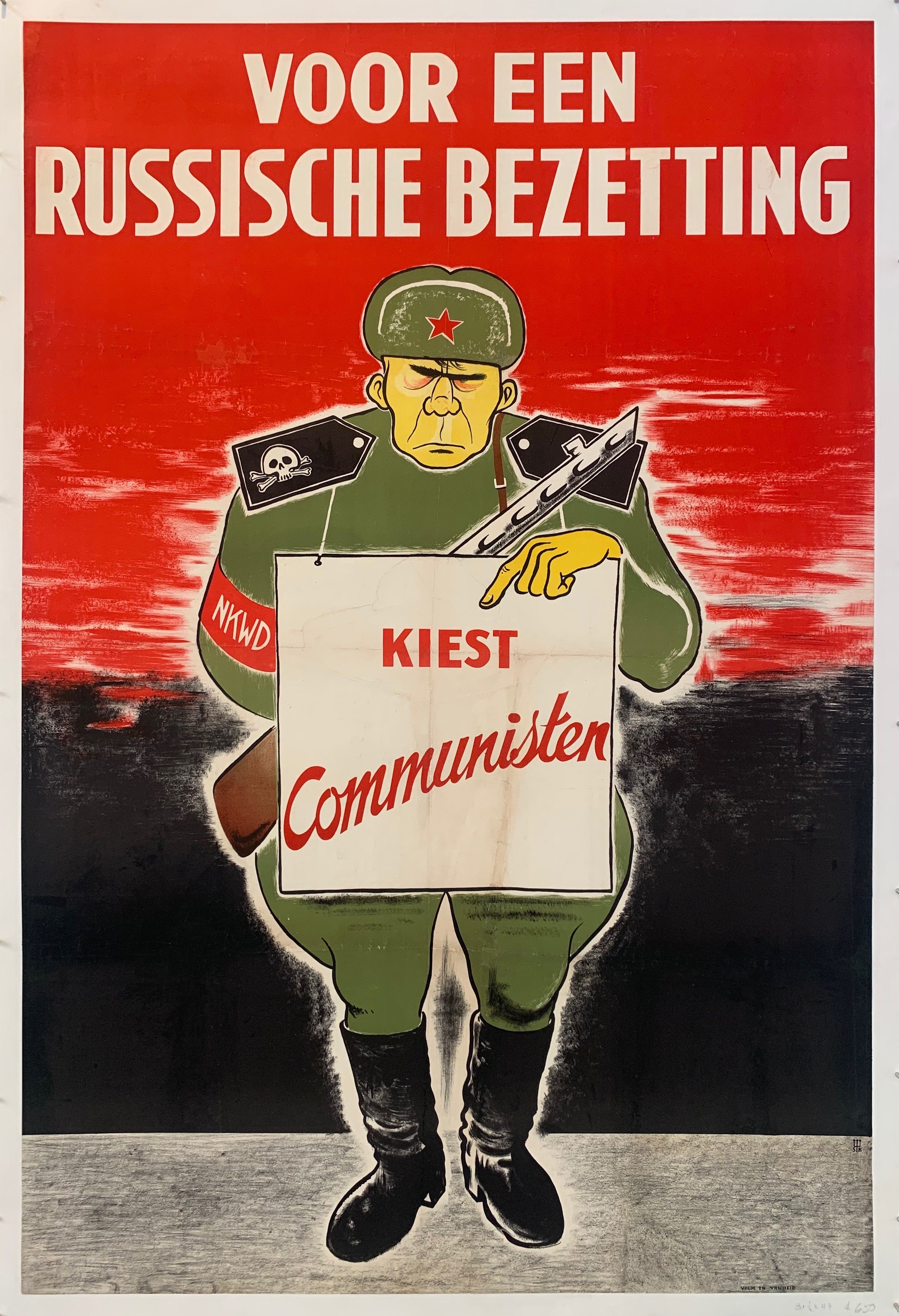 A cartoonish communist soldier with skulls on his uniform holds up a sign. Black and red background.