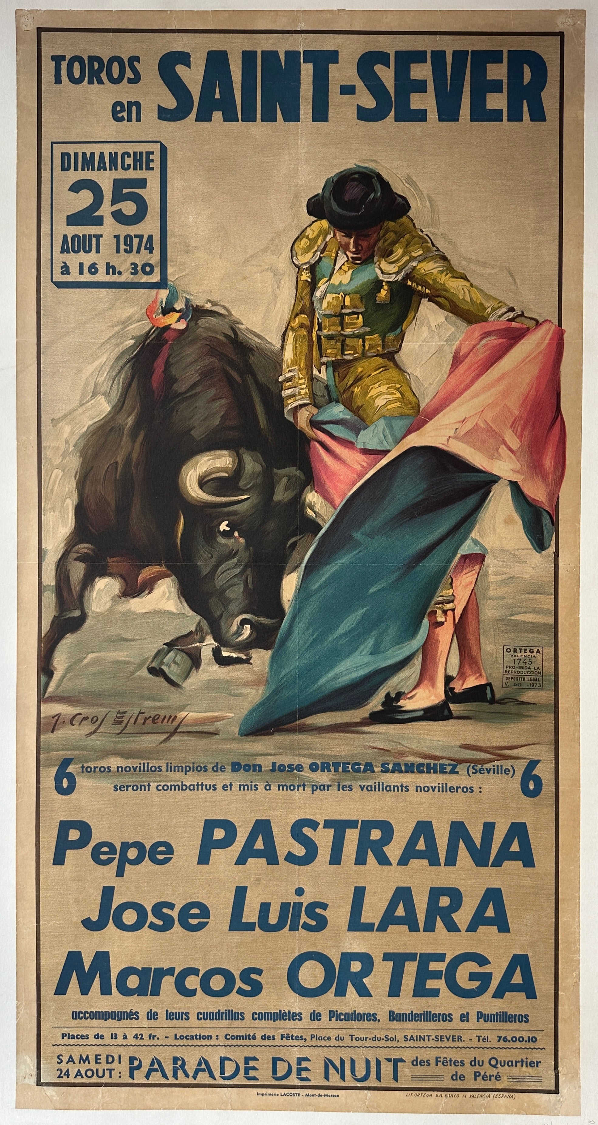 21.5x41 linen backed bullfighting poster from Spain featuring a matador mid-fight with a bull
