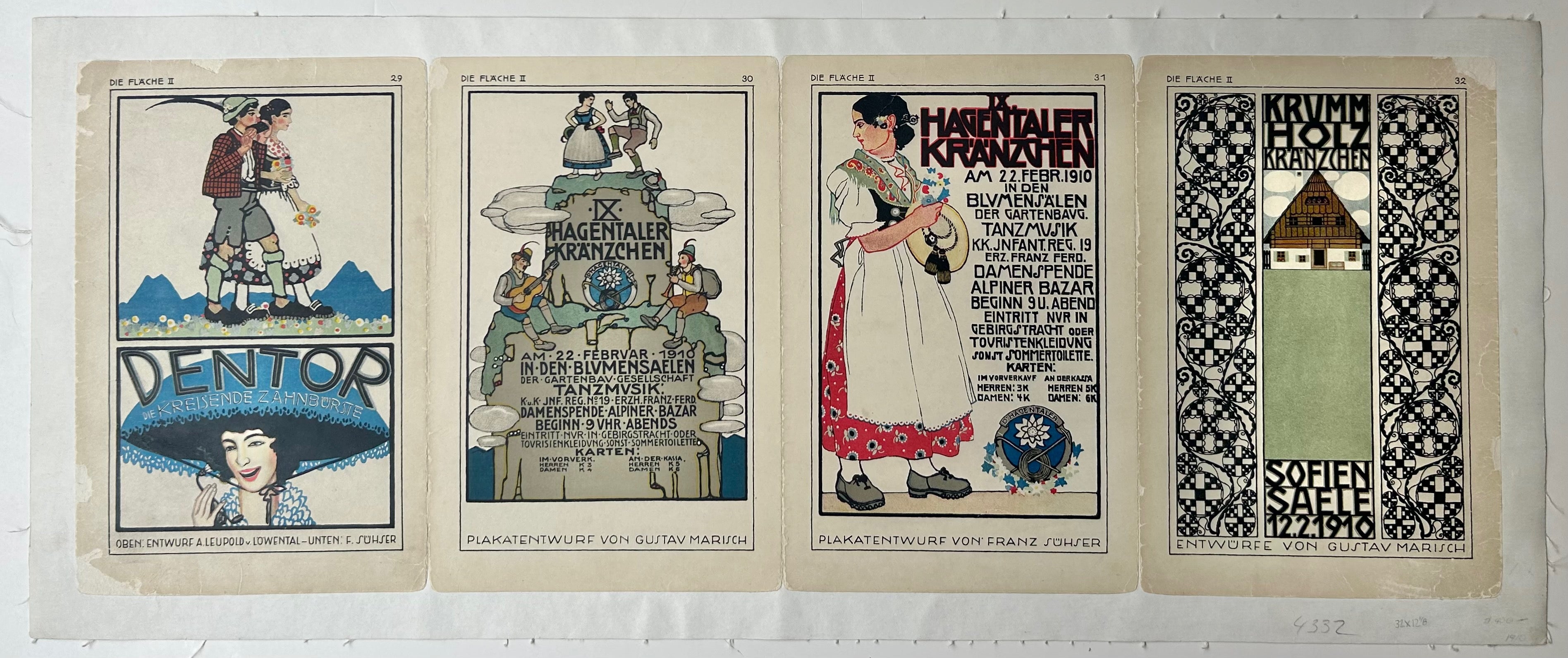 12x32 1910s german poster showing four different advertisements for different products as part of larger book about german graphic design