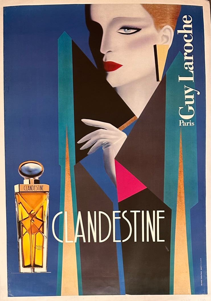 The poster showcases a refined lady dressed in a striking geometric gown with cool shades of blue, pink, gold, and black, complemented by gloves, and fixated on a Clandestine perfume bottle. The use of the term "Clandestine" conveys an air of secrecy, heightening the allure and mystique of the fragrance.