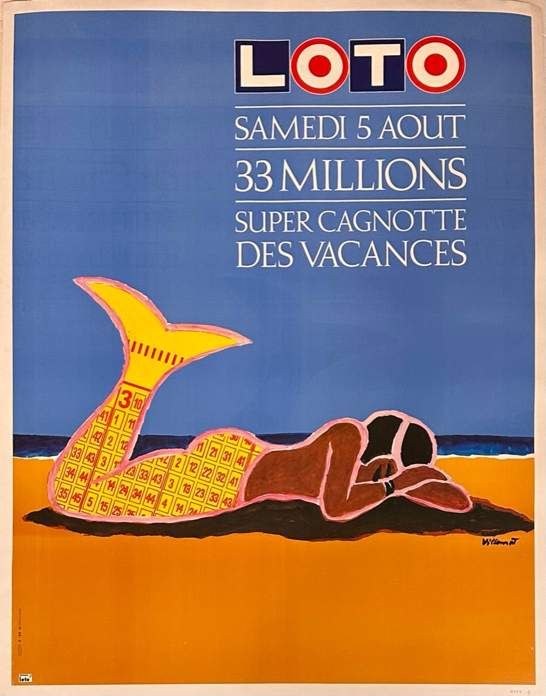 A French advertising poster for the French Lottery featuring a mermaid with numbered tail lounging on a beach to promote the lottery's holiday drawing with the potential jackpot winning at 33 million. Designed by famed French poster artist Bernard Villemot