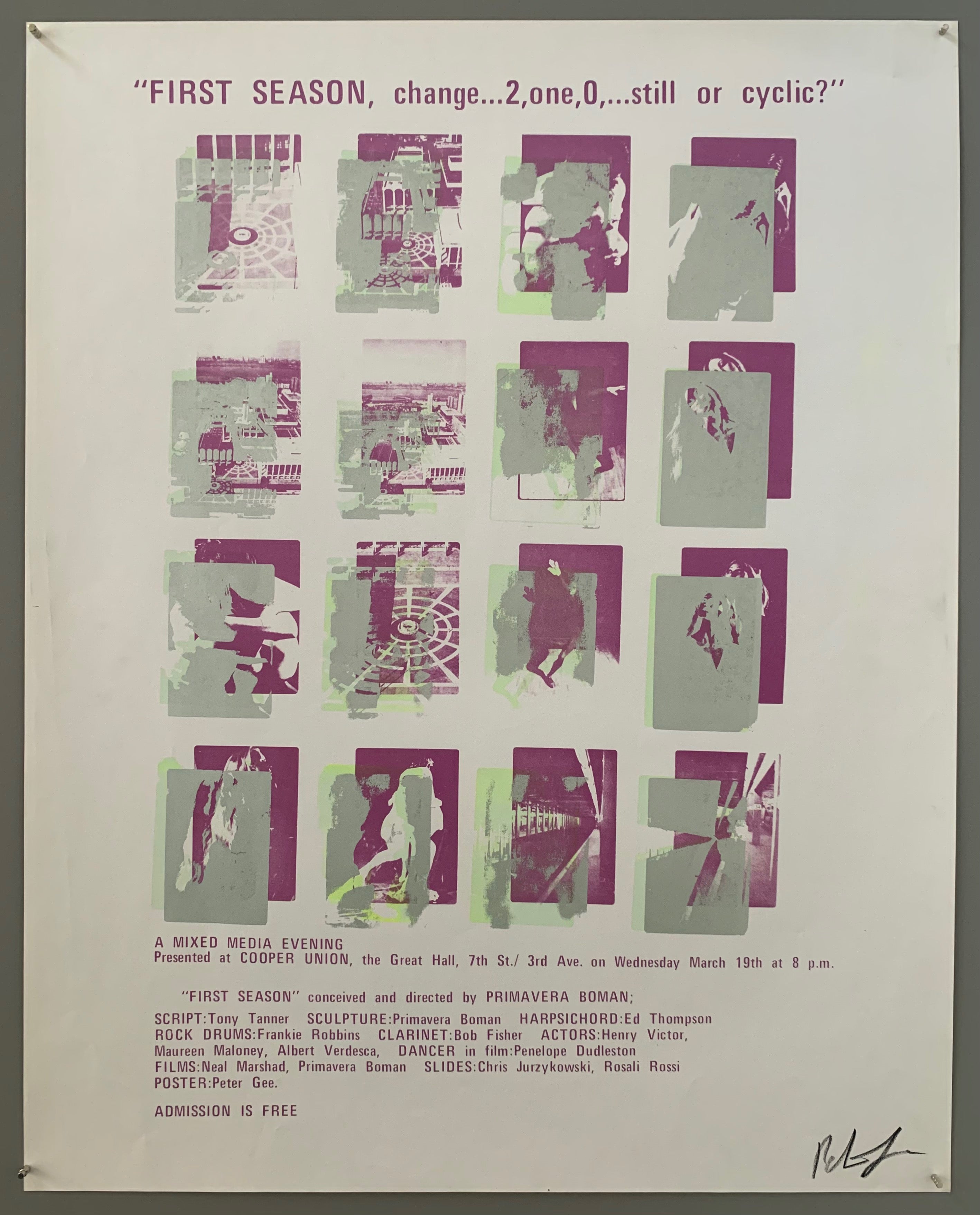 A series of squares containing scenes are shown. The text is on the top and the bottom in purple. The style of printing is pop art, where a lot of colors are put on top of each other. The colors featured are purple, transparent green, and silver.