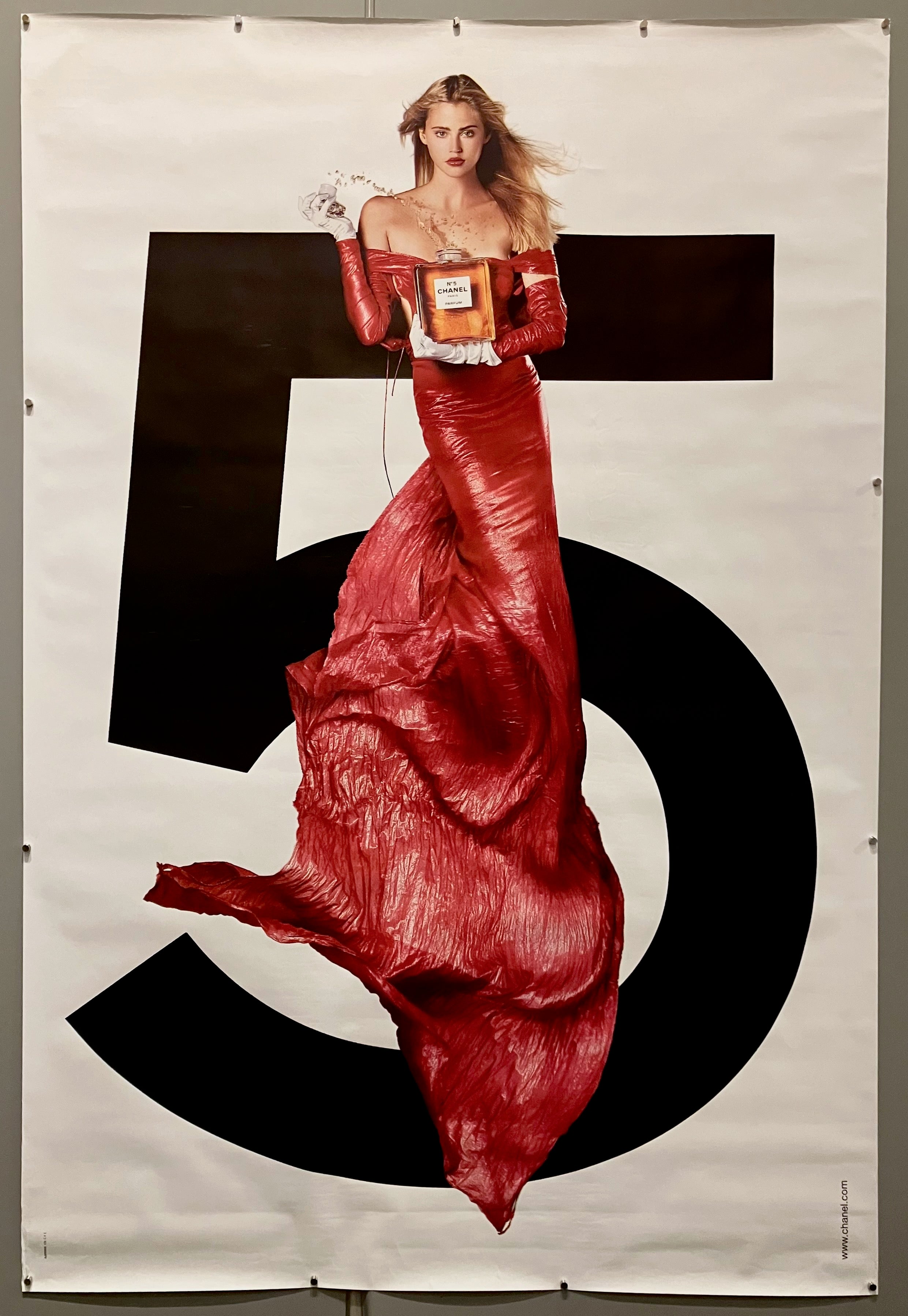 69x47 chanel poster advertising iconic perfume chanel no.5 featuring actress estella warren in red dress with large bottle of perfume and number 5