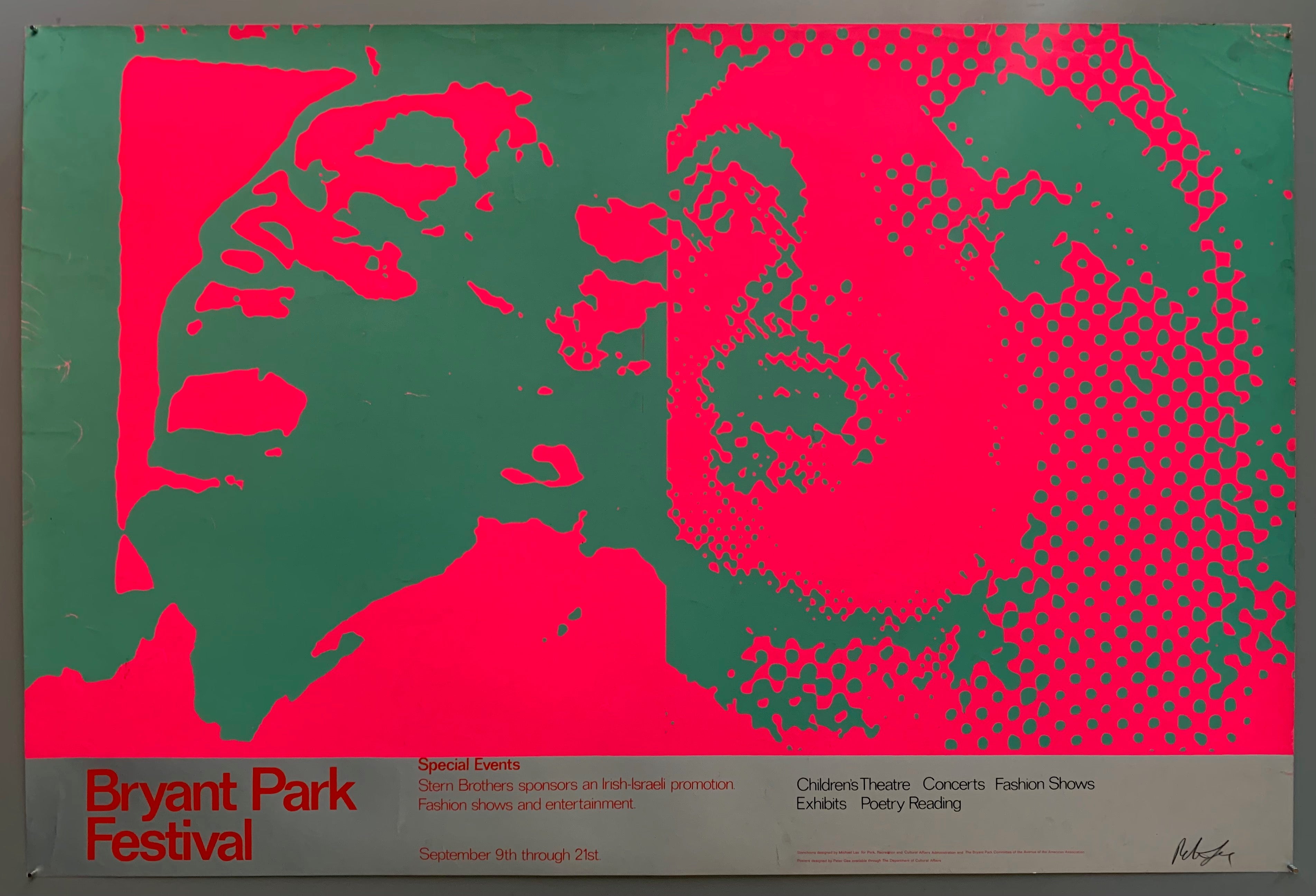 A man and a woman are shown with dramatic expressions, the highlights and shadows colored in a distinctly pop art style. The colors used are neon pink and teal